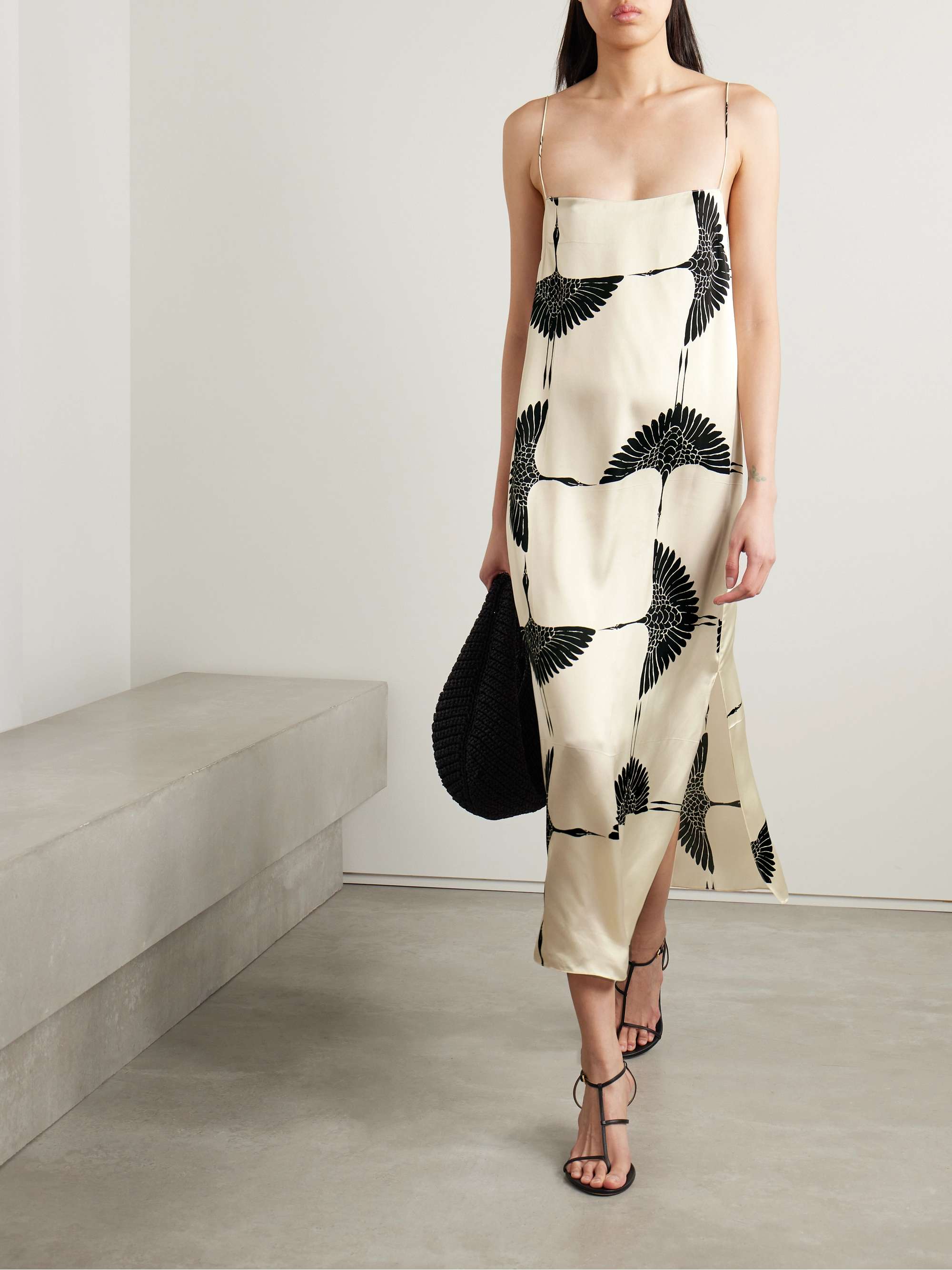 Exotic Locales Satin Unique Print Cutout Neck Wide Sleeve Kaftan Midi Dress