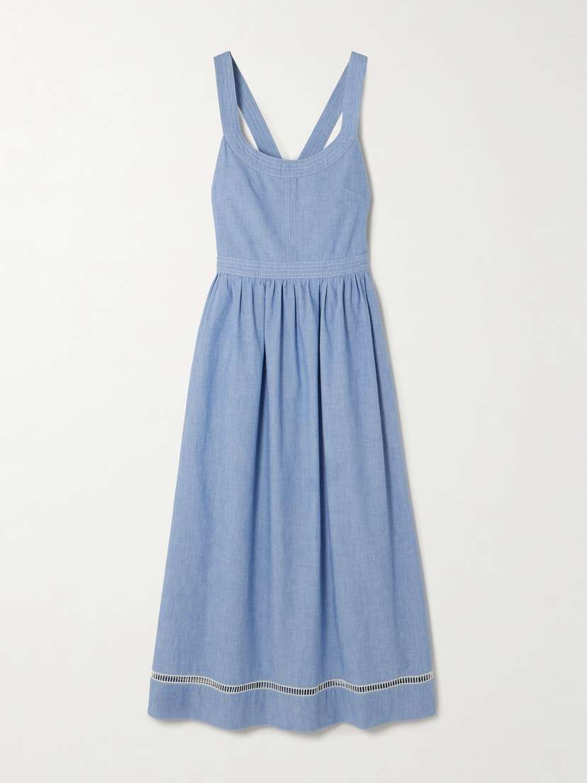 Chloé Crochet-trimmed Cotton-chambray Midi Dress