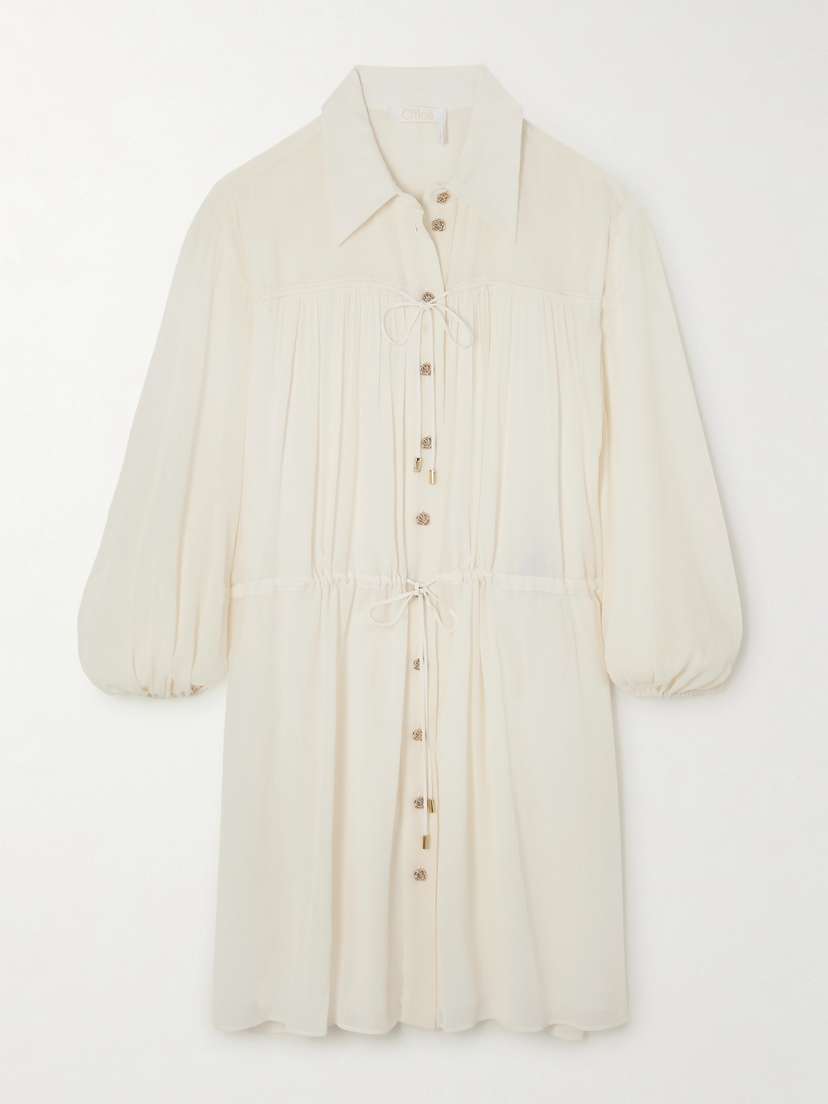 Chloé Tiered Embellished Cotton And Silk-blend Crepon Mini Shirt Dress