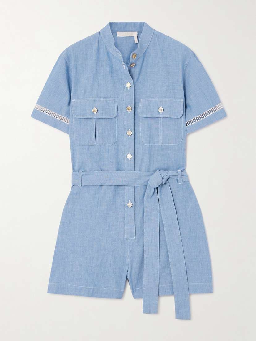 Chloé Belted Crochet-trimmed Cotton-chambray Playsuit