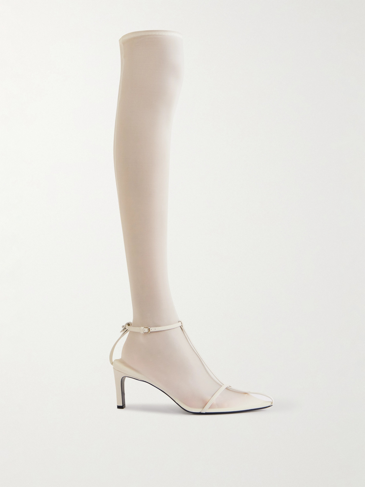 Jil Sander Stretch-mesh And Leather Knee Boots In Off-white
