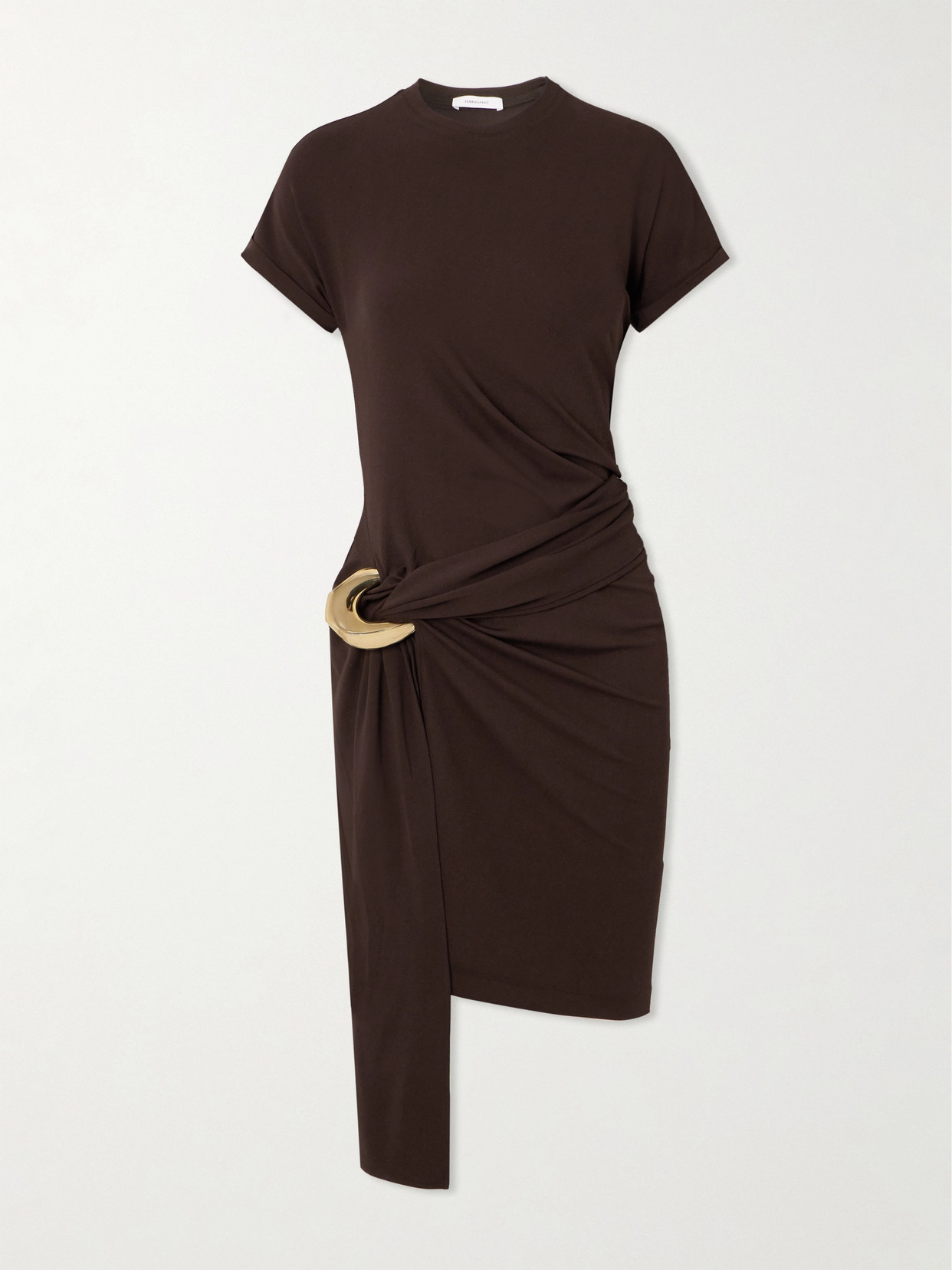 Ferragamo - Embellished Draped Stretch-jersey Mini Dress - Brown