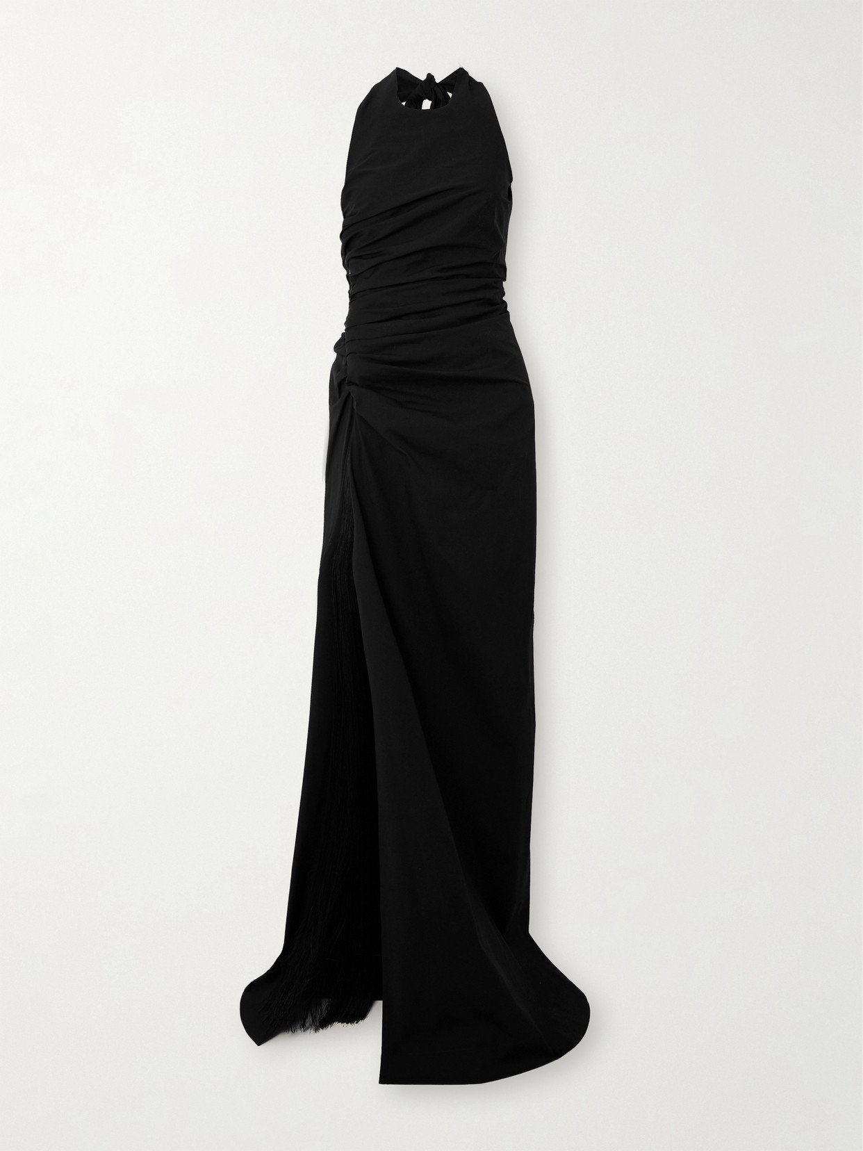 Shop Ferragamo Fringed Gathered Stretch-cotton Poplin Halterneck Maxi Dress In Black