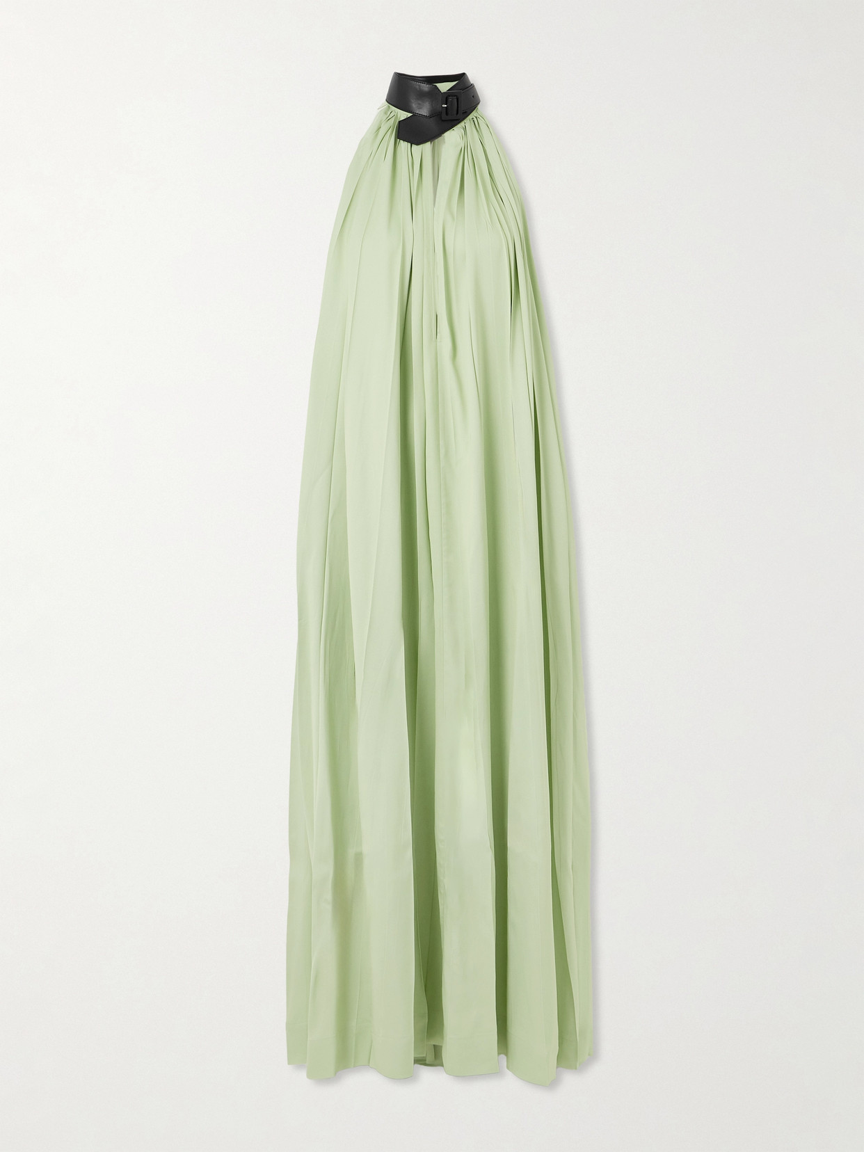 Shop Ferragamo Faux Leather-trimmed Pleated Crepe Maxi Dress In Green