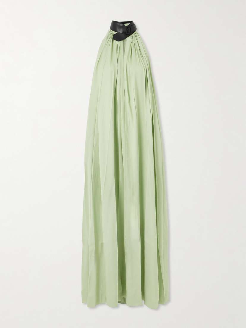 Ferragamo Faux Leather-trimmed Pleated Crepe Maxi Dress