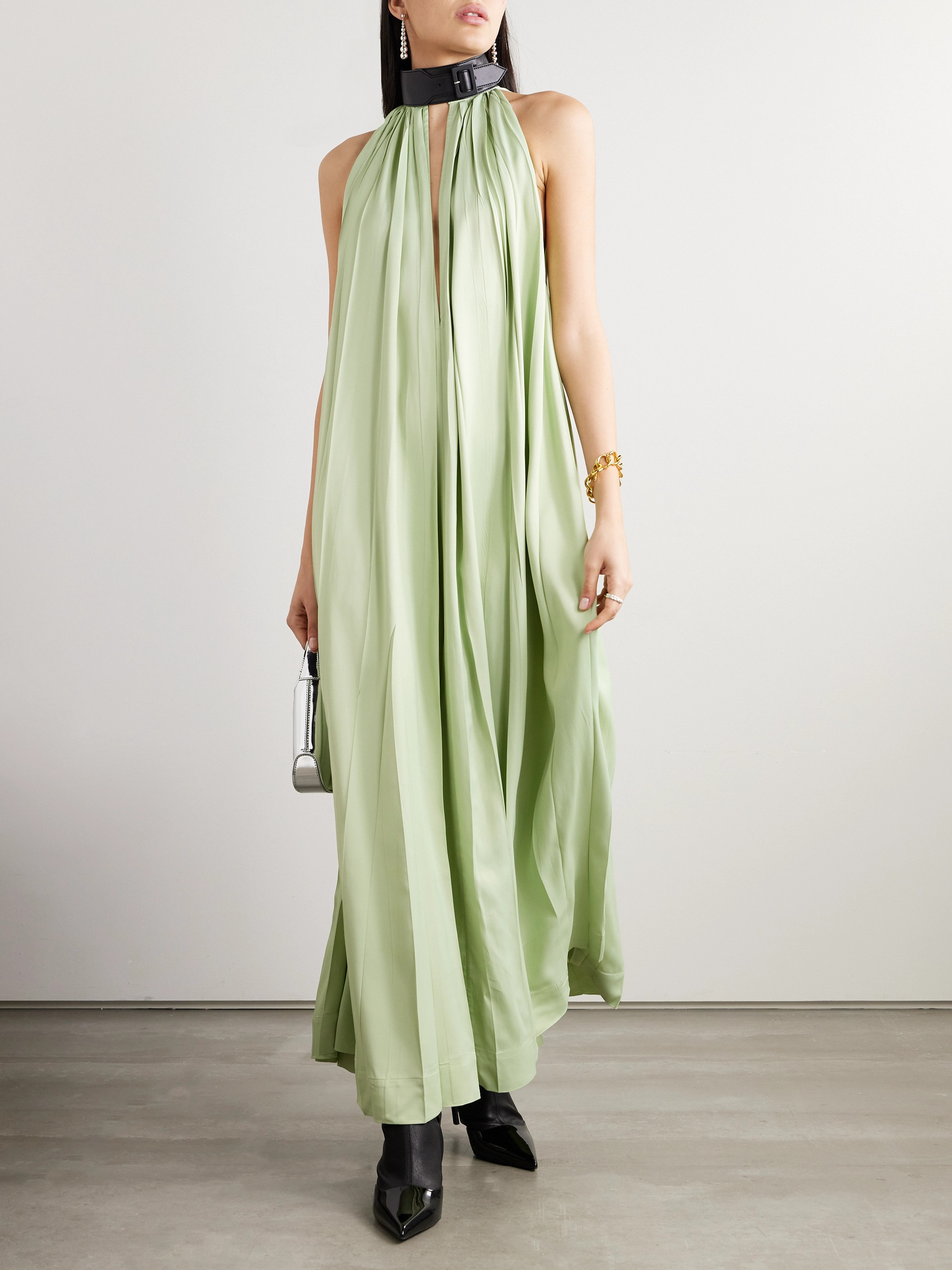 Ferragamo Faux leather-trimmed pleated crepe maxi dress
