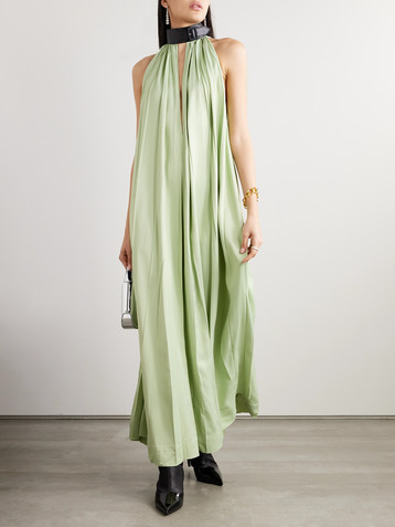 Ferragamo Faux leather-trimmed pleated crepe maxi dress