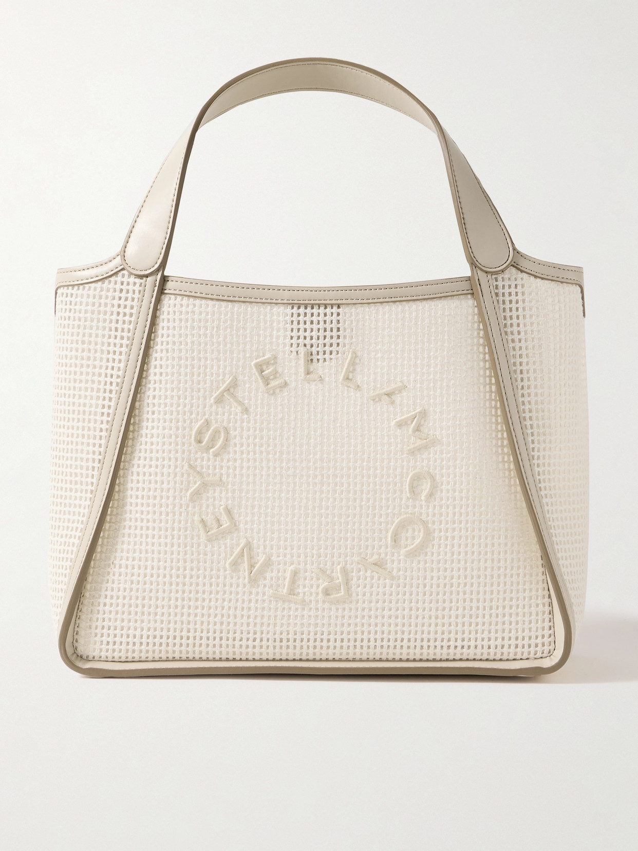 Stella Mccartney Vegan Leather-trimmed Appliquéd Crocheted Cotton Tote In Neutral