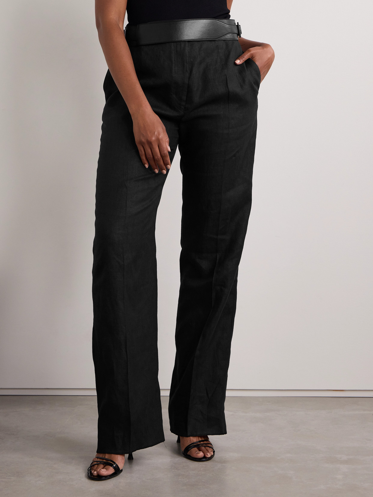 Ferragamo Belted Washed-linen Wide-leg Pants In Black