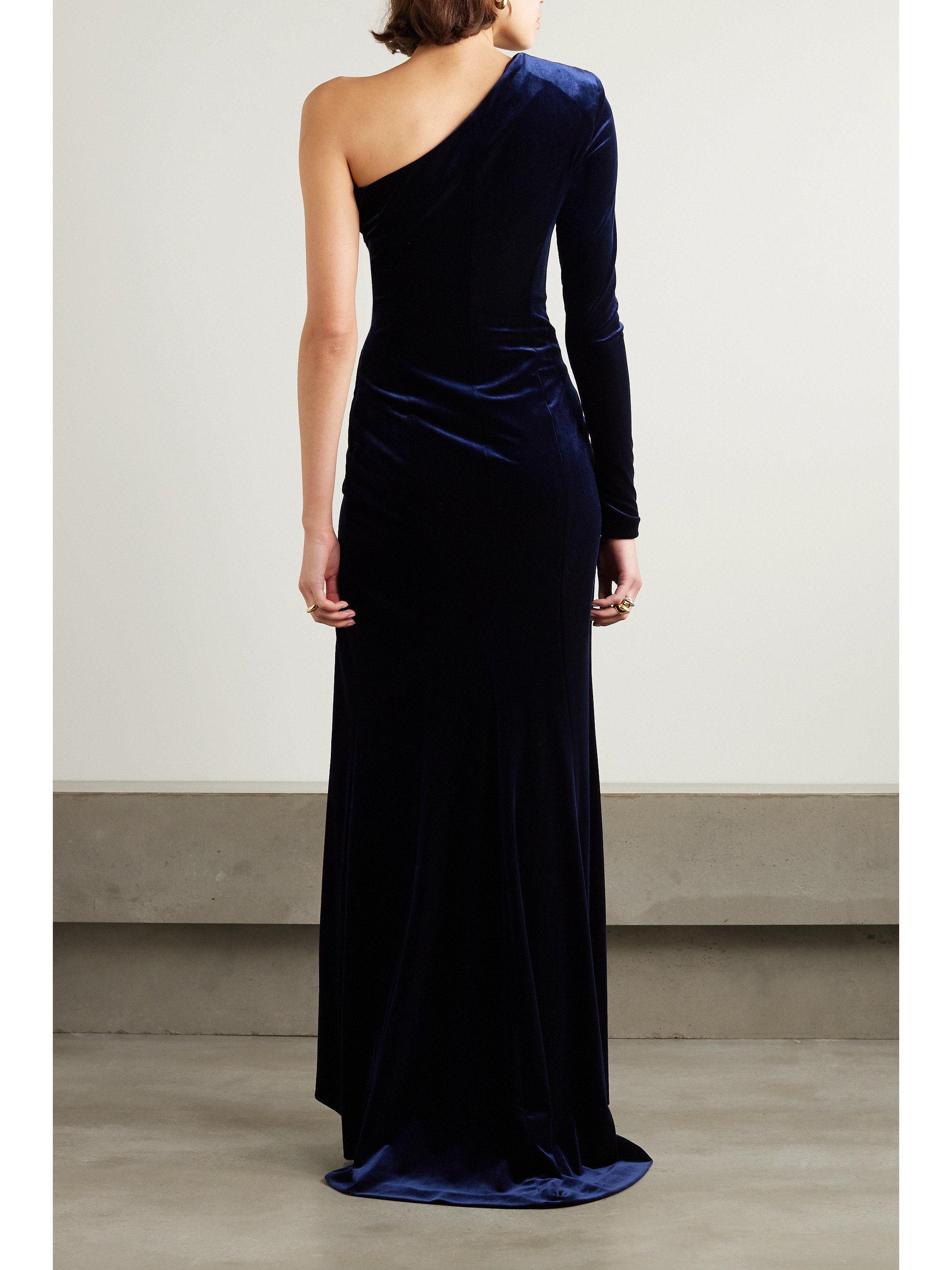 Galvan Rosie one-sleeve stretch-velvet gown