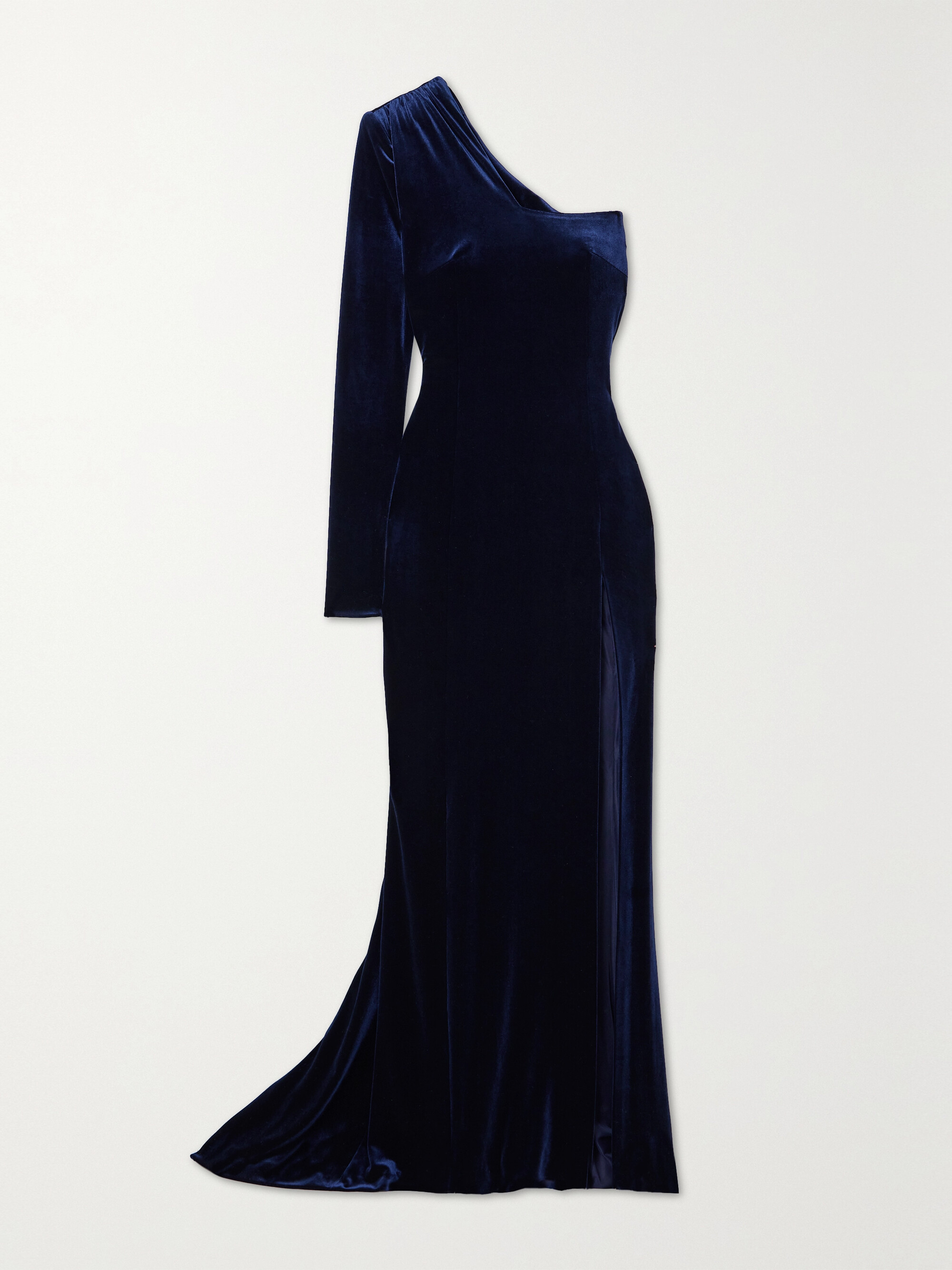 Galvan Rosie one-sleeve stretch-velvet gown