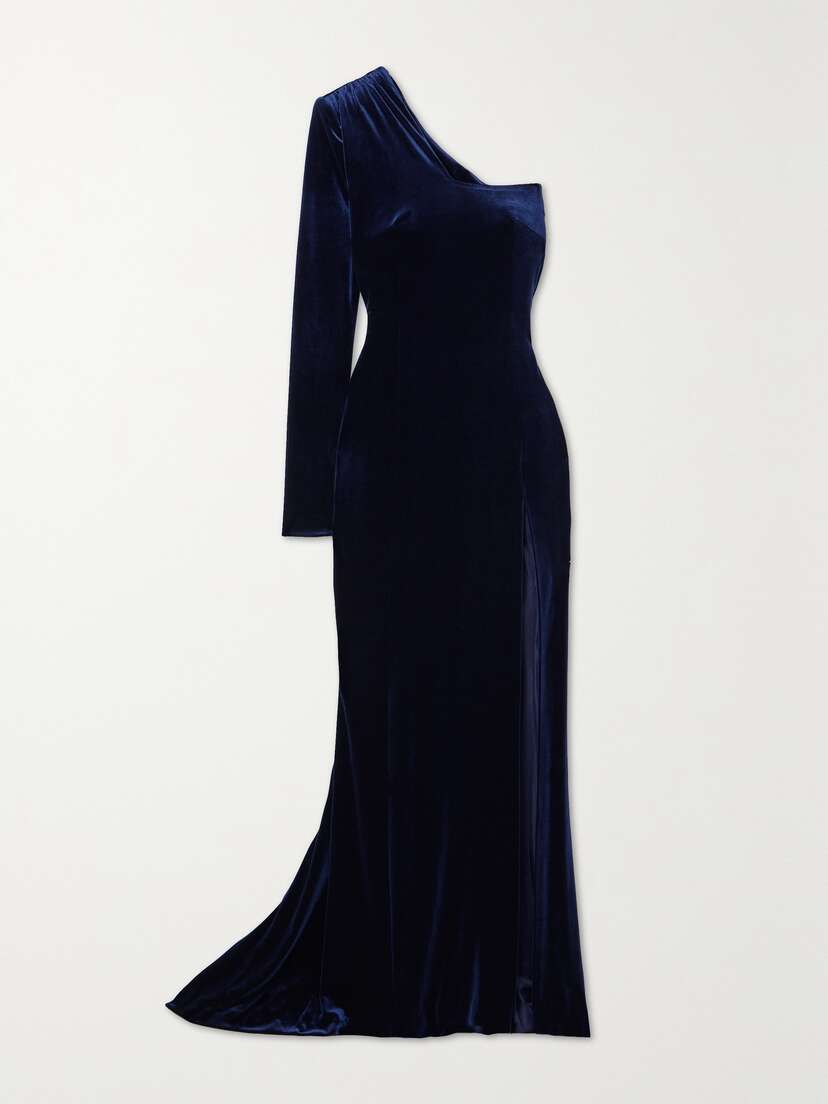 Galvan Rosie One-sleeve Stretch-velvet Gown