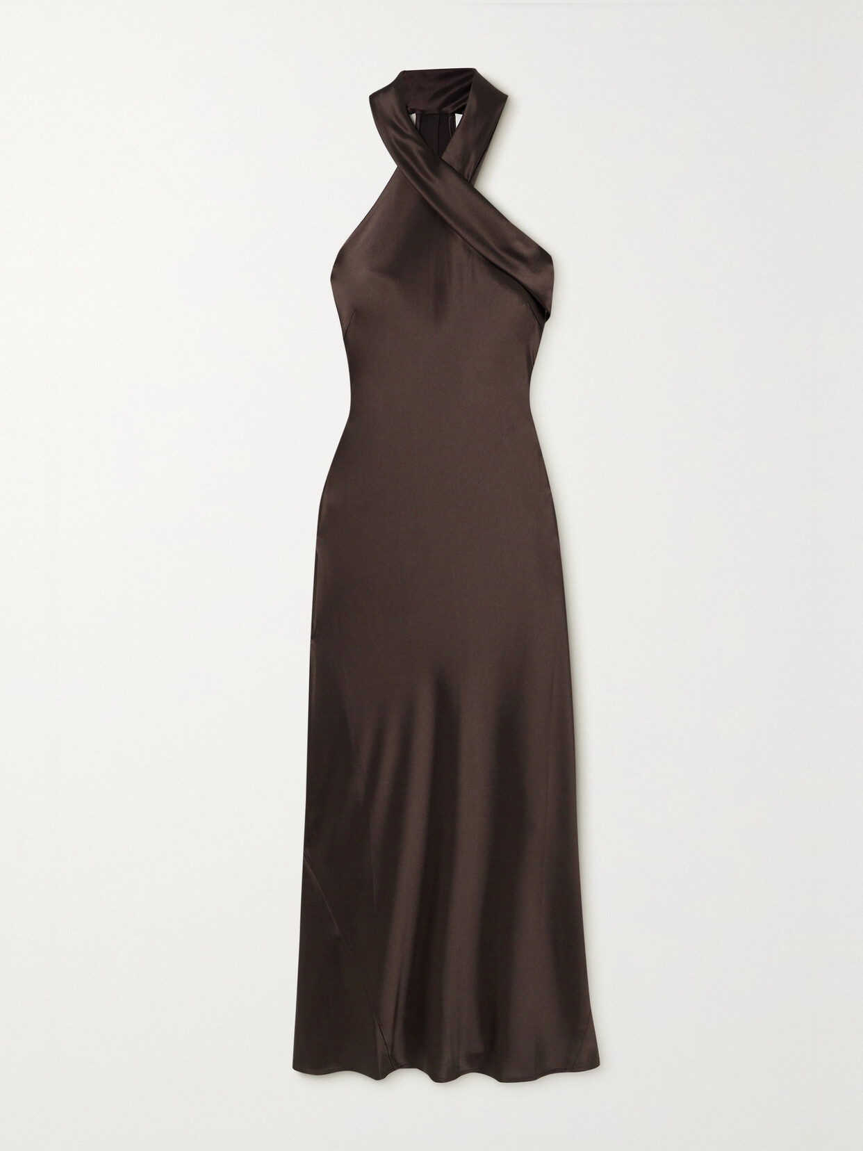 Galvan Pandora Satin Halterneck Maxi Dress In Brown