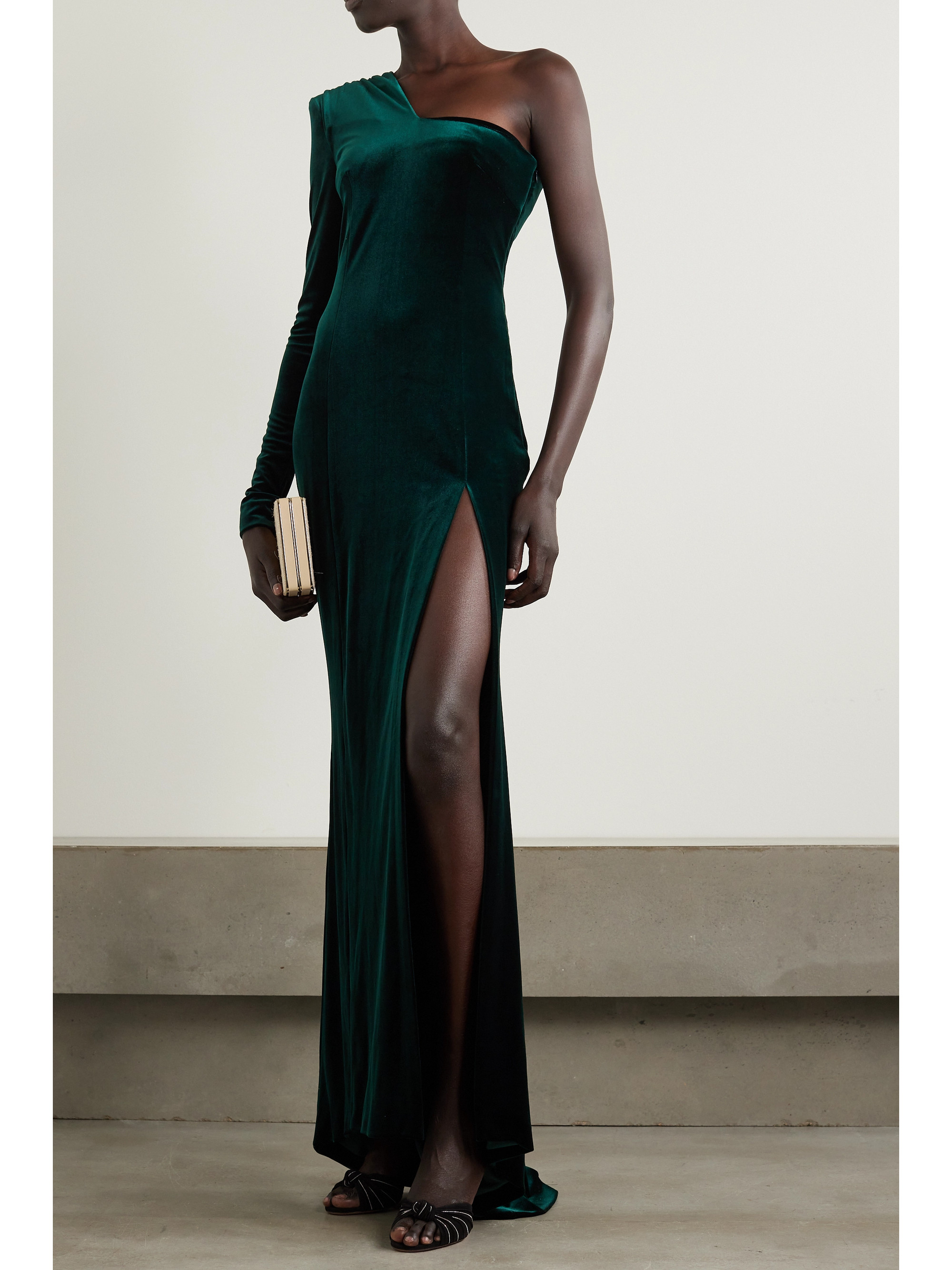 Galvan Rosie one-sleeve stretch-velvet gown