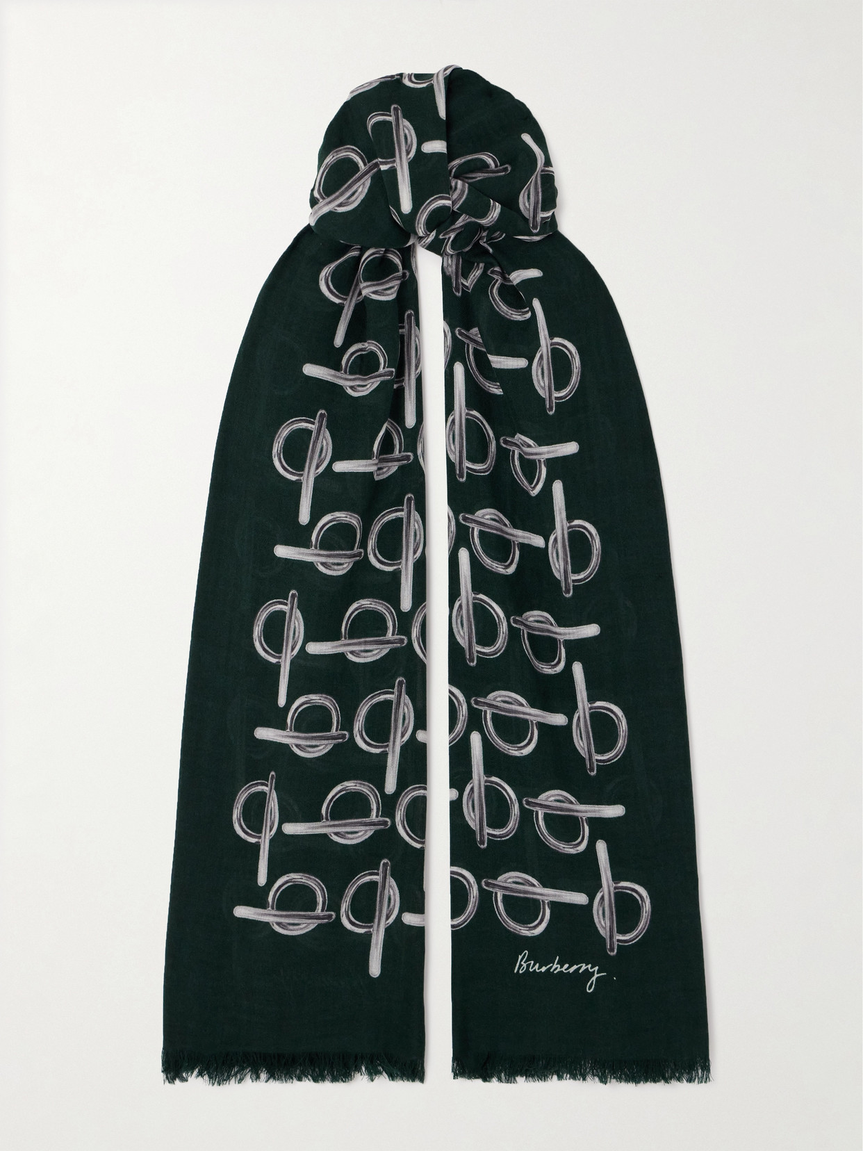 Burberry Frayed Printed Wool Scarf In Green