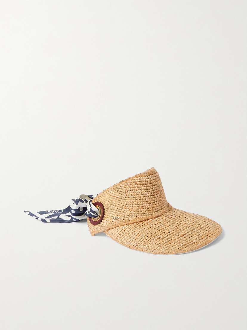 Chloé Leather-trimmed Printed Silk-twill And Raffia Visor -  - One size