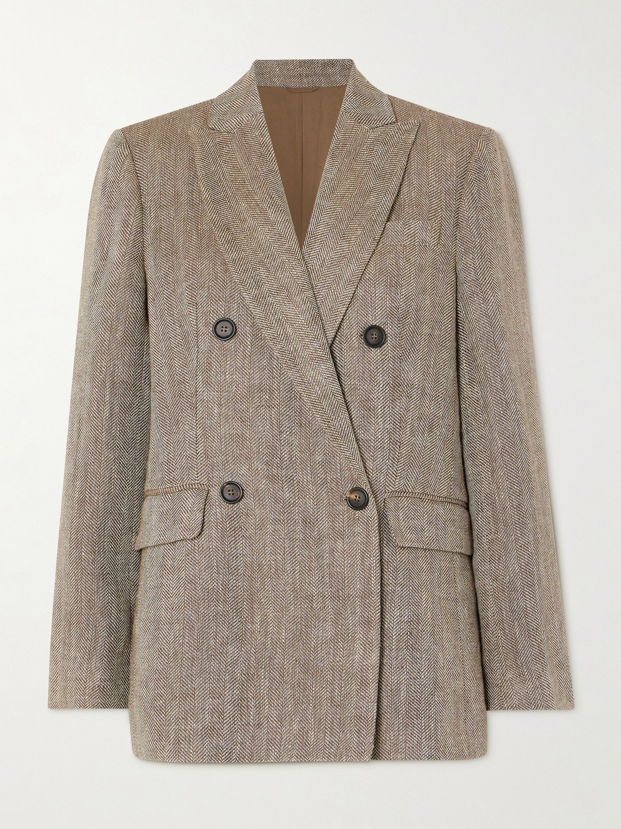 Brunello Cucinelli Double-breasted Herringbone Linen Blazer - Brown