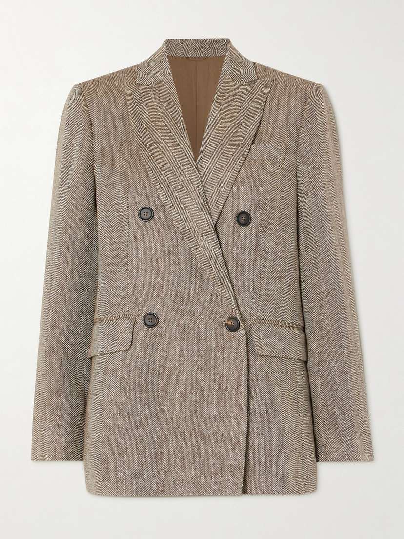 Brunello Cucinelli Double-breasted Herringbone Linen Blazer