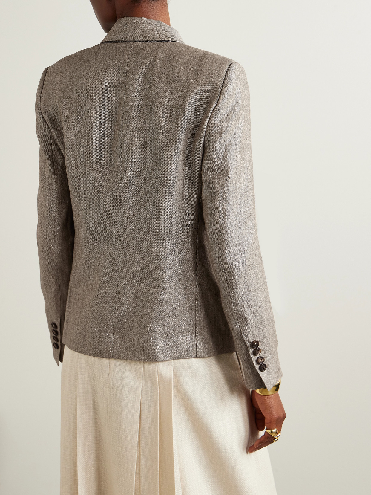 Brunello Cucinelli Double-breasted Metallic Linen-blend Blazer In Brown