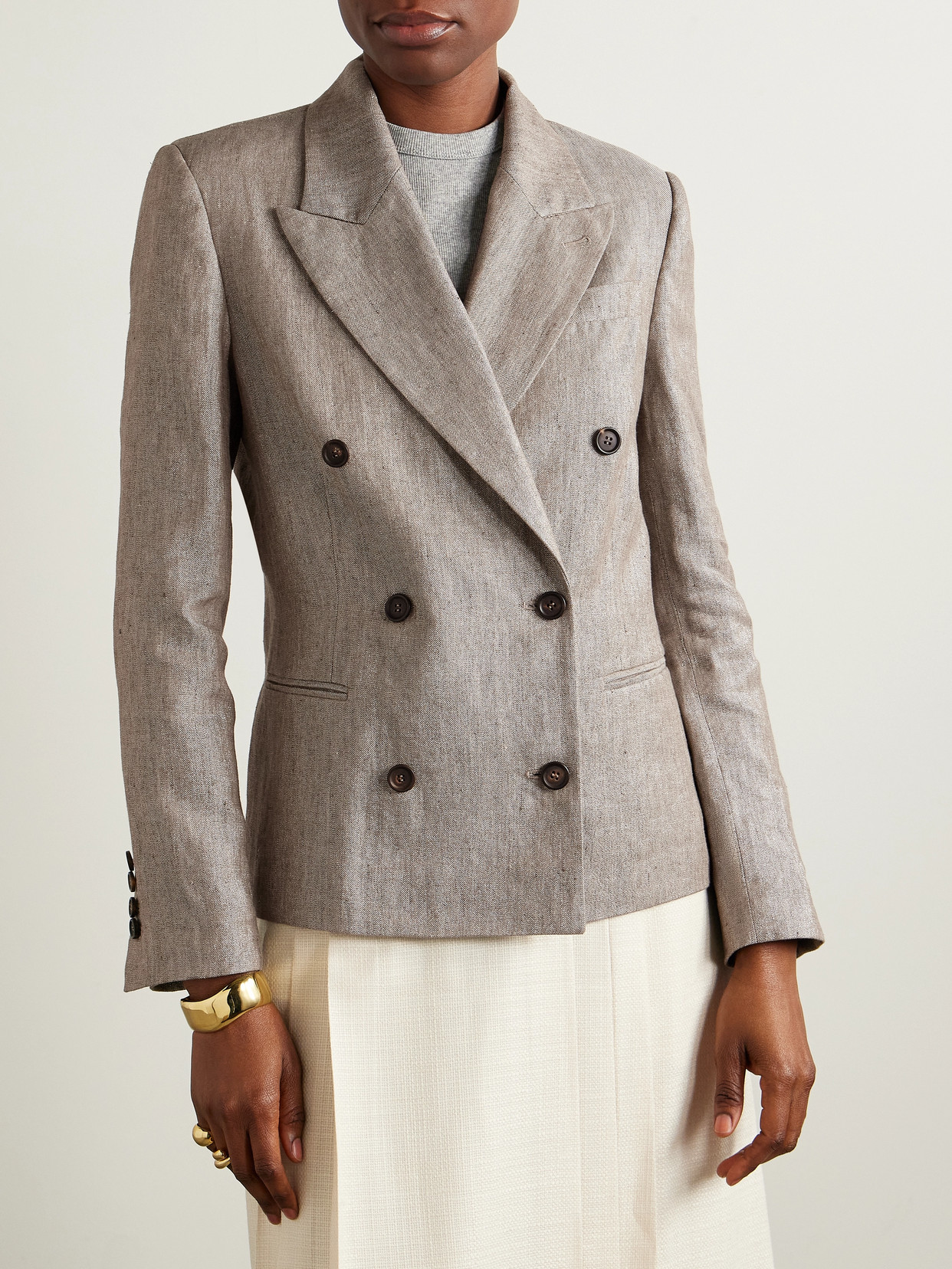 Brunello Cucinelli Double-breasted Metallic Linen-blend Blazer In Brown