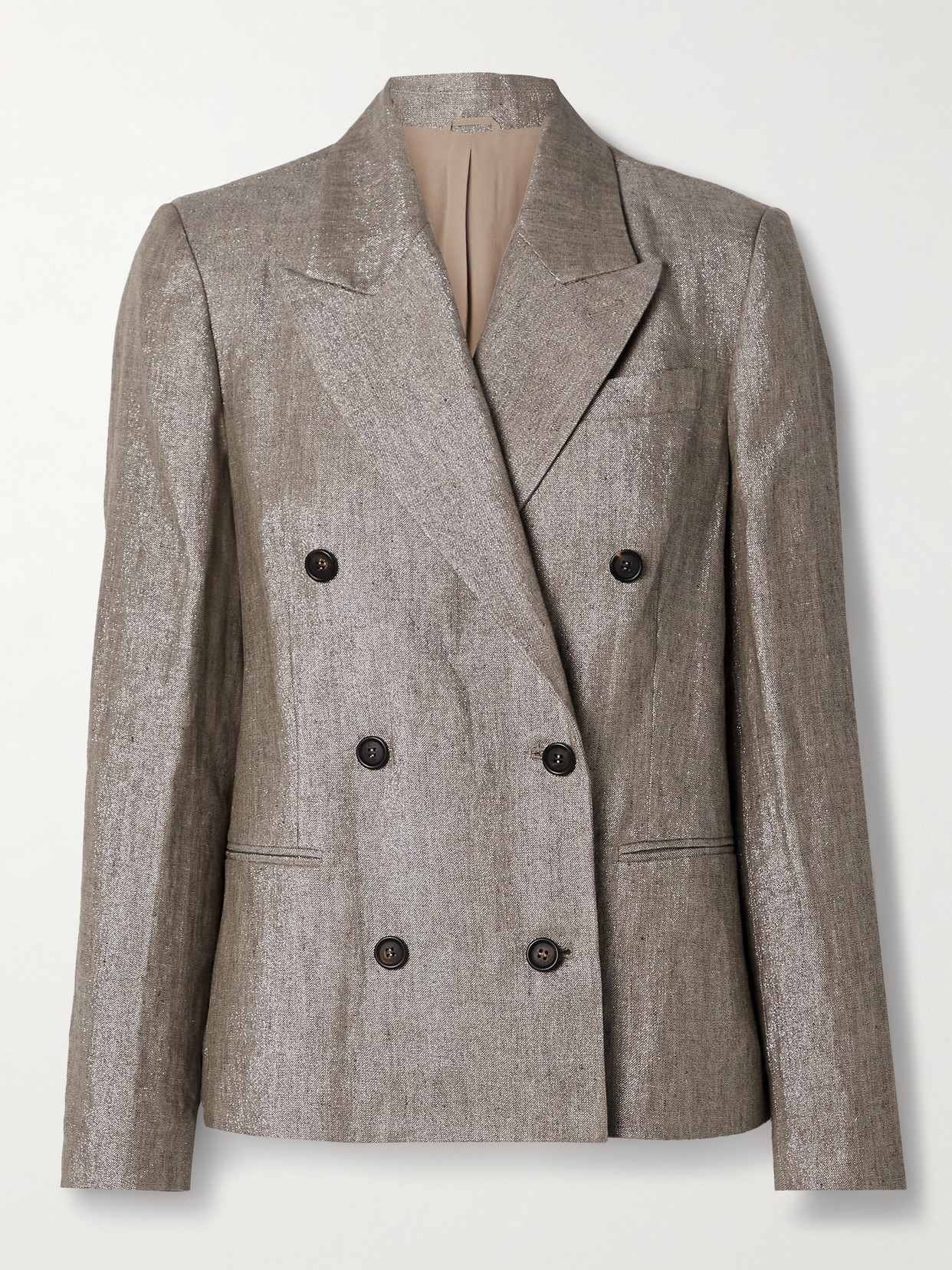 Shop Brunello Cucinelli Double-breasted Metallic Linen-blend Blazer In Brown