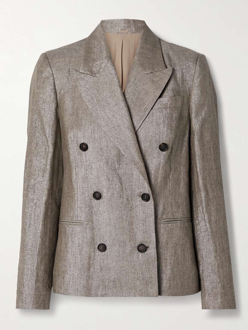 Brunello Cucinelli Double-breasted Metallic Linen-blend Blazer