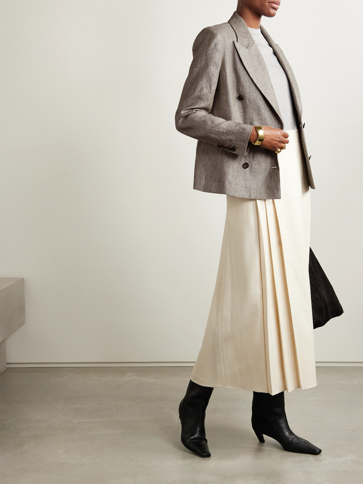 Brunello Cucinelli Double-breasted Metallic Linen-blend Blazer In Brown
