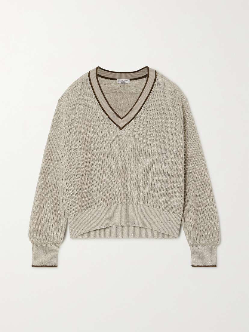 Brunello Cucinelli Piped Sequined Linen-blend Sweater - xx large