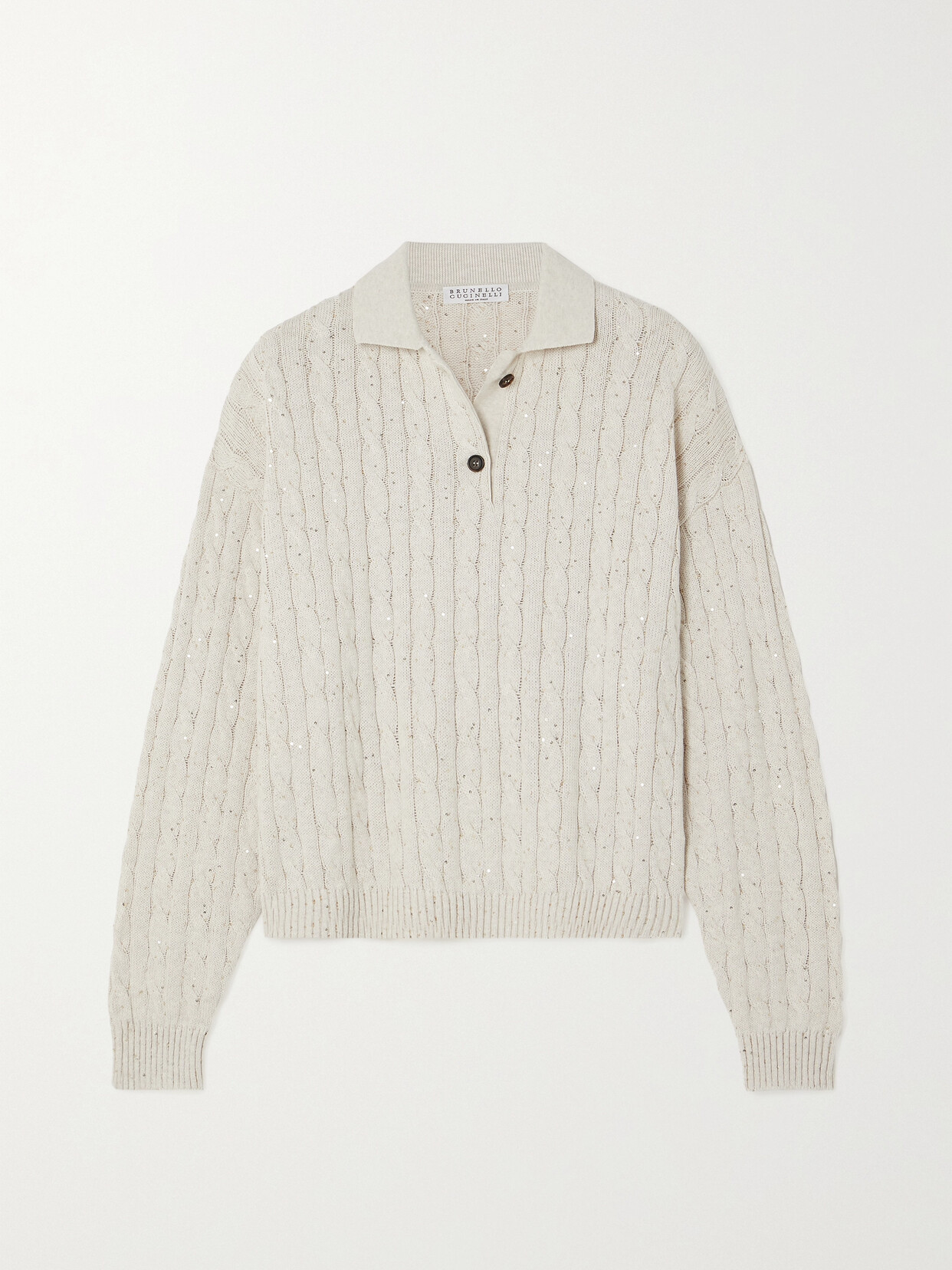 Shop Brunello Cucinelli Sequined Cable-knit Cotton-blend Sweater In Neutrals