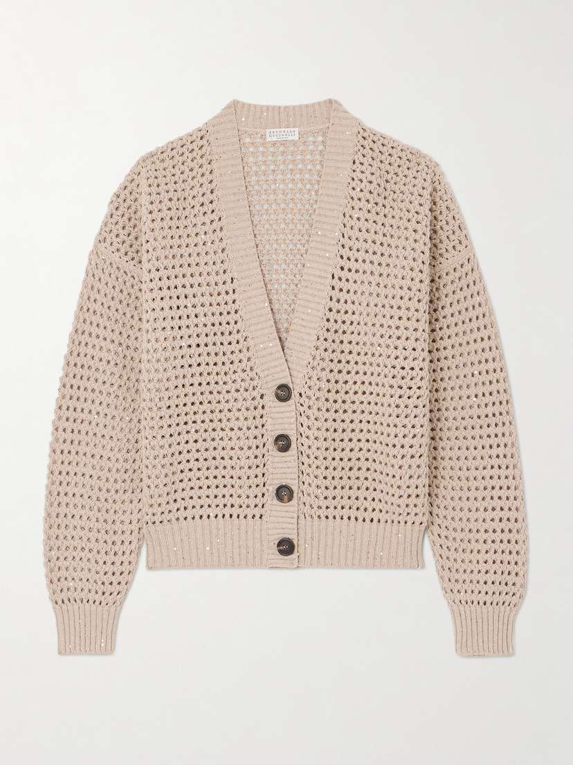 Brunello Cucinelli Sequin-embellished Open-knit Cotton-blend Cardigan - x large