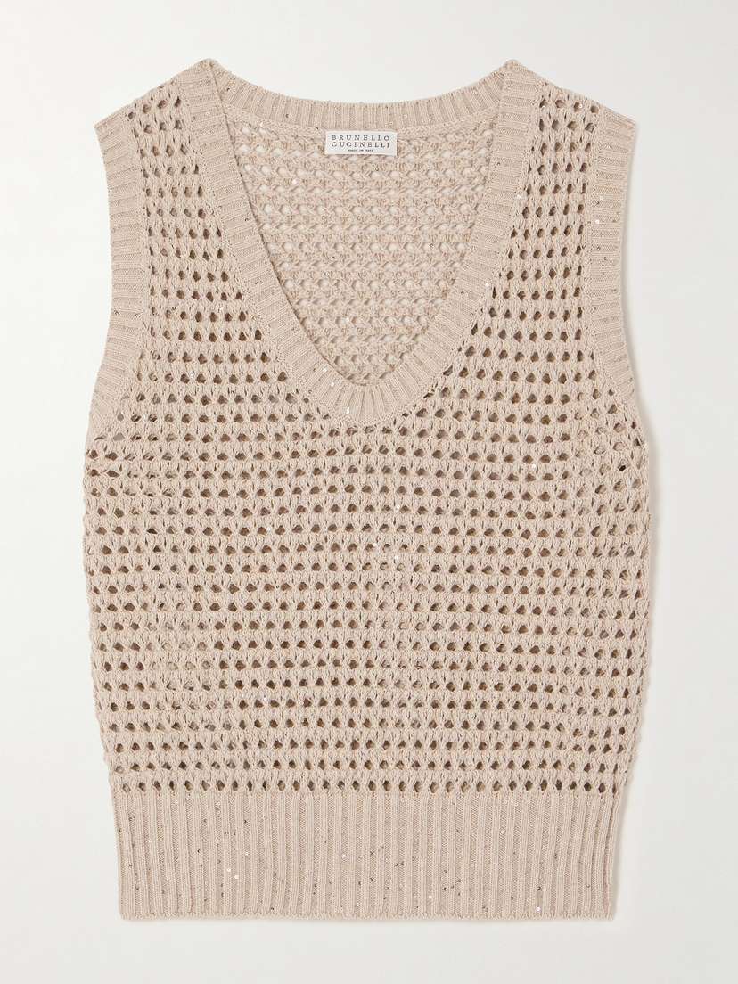 Brunello Cucinelli Sequin-embellished Open-knit Cotton-blend Vest