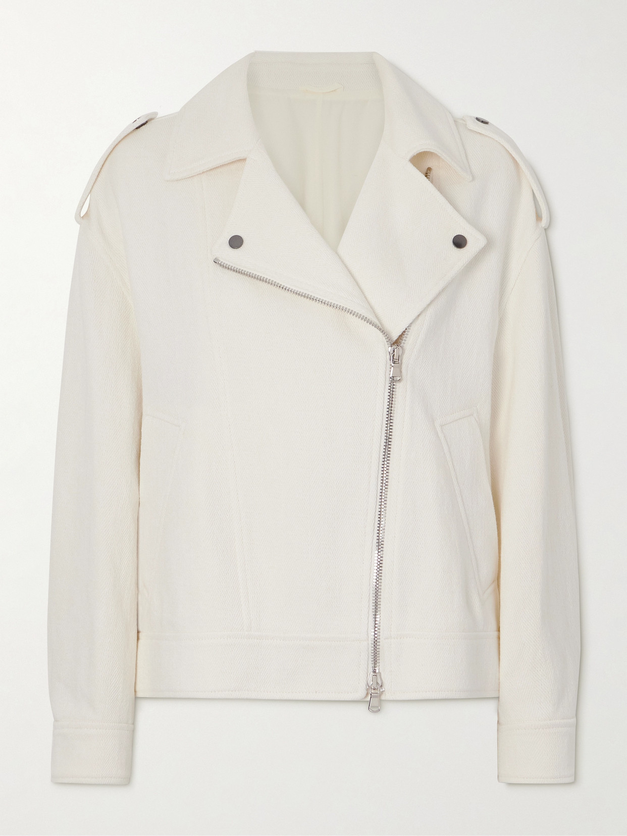 Brunello Cucinelli - Embellished Herringbone Cotton And Linen-blend Biker Jacket - Off-white