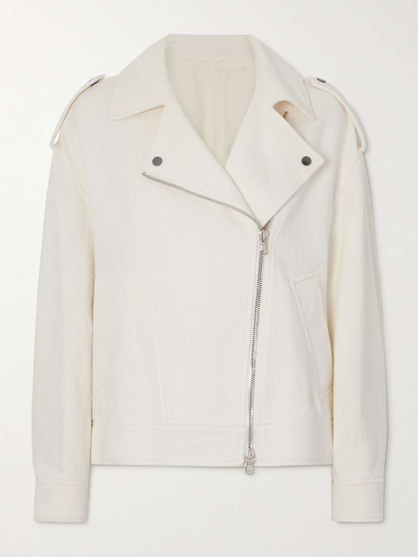 Brunello Cucinelli — Embellished herringbone cotton and linen-blend biker jacket