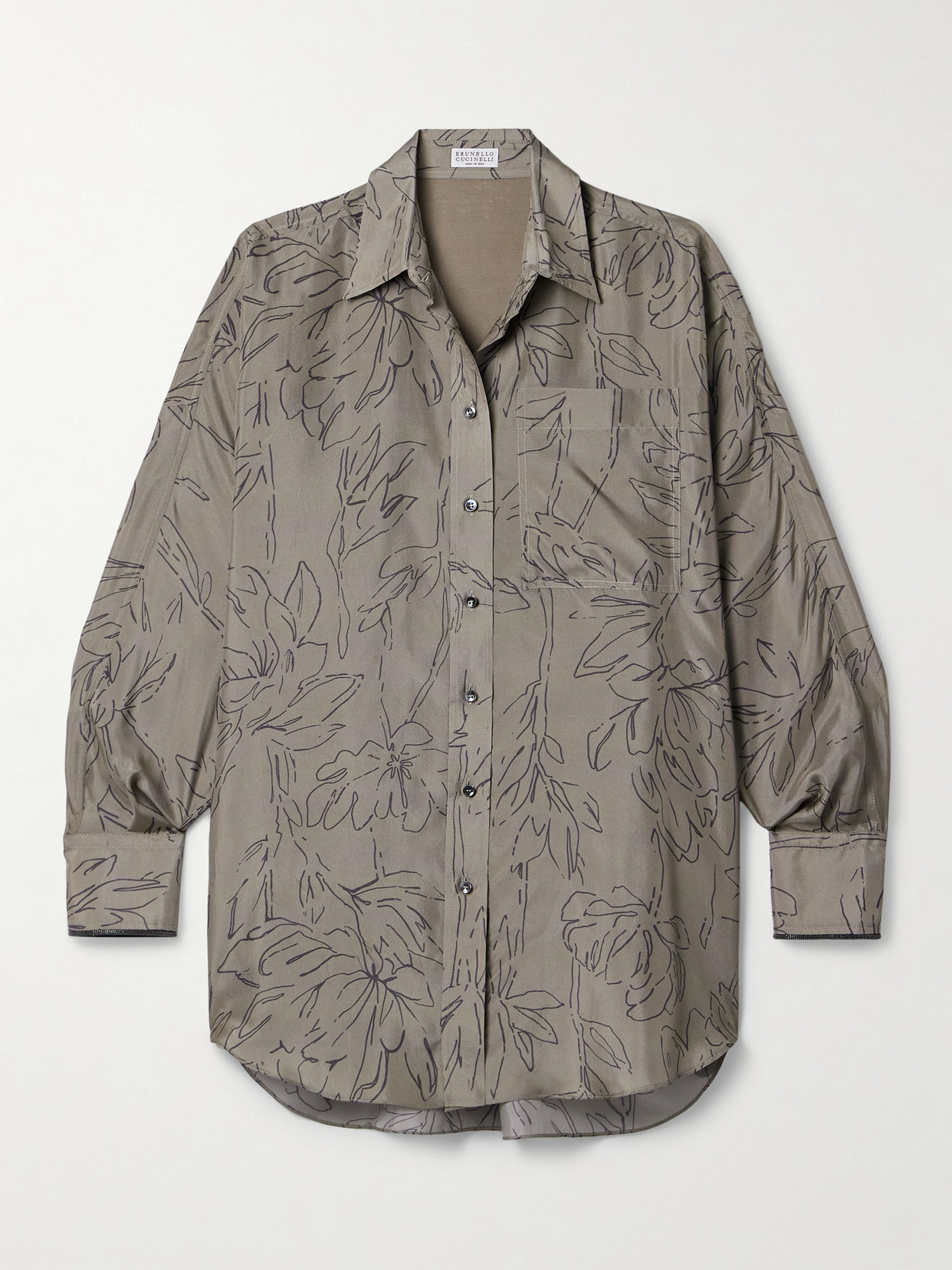 Brunello Cucinelli Bead-embellished Floral-print Silk-charmeuse Shirt In Grey