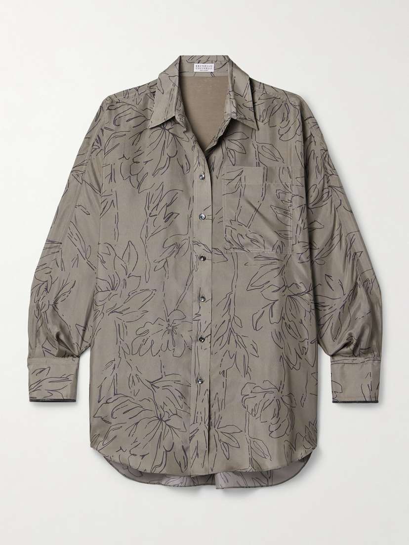 Brunello Cucinelli Bead-embellished Floral-print Silk-charmeuse Shirt