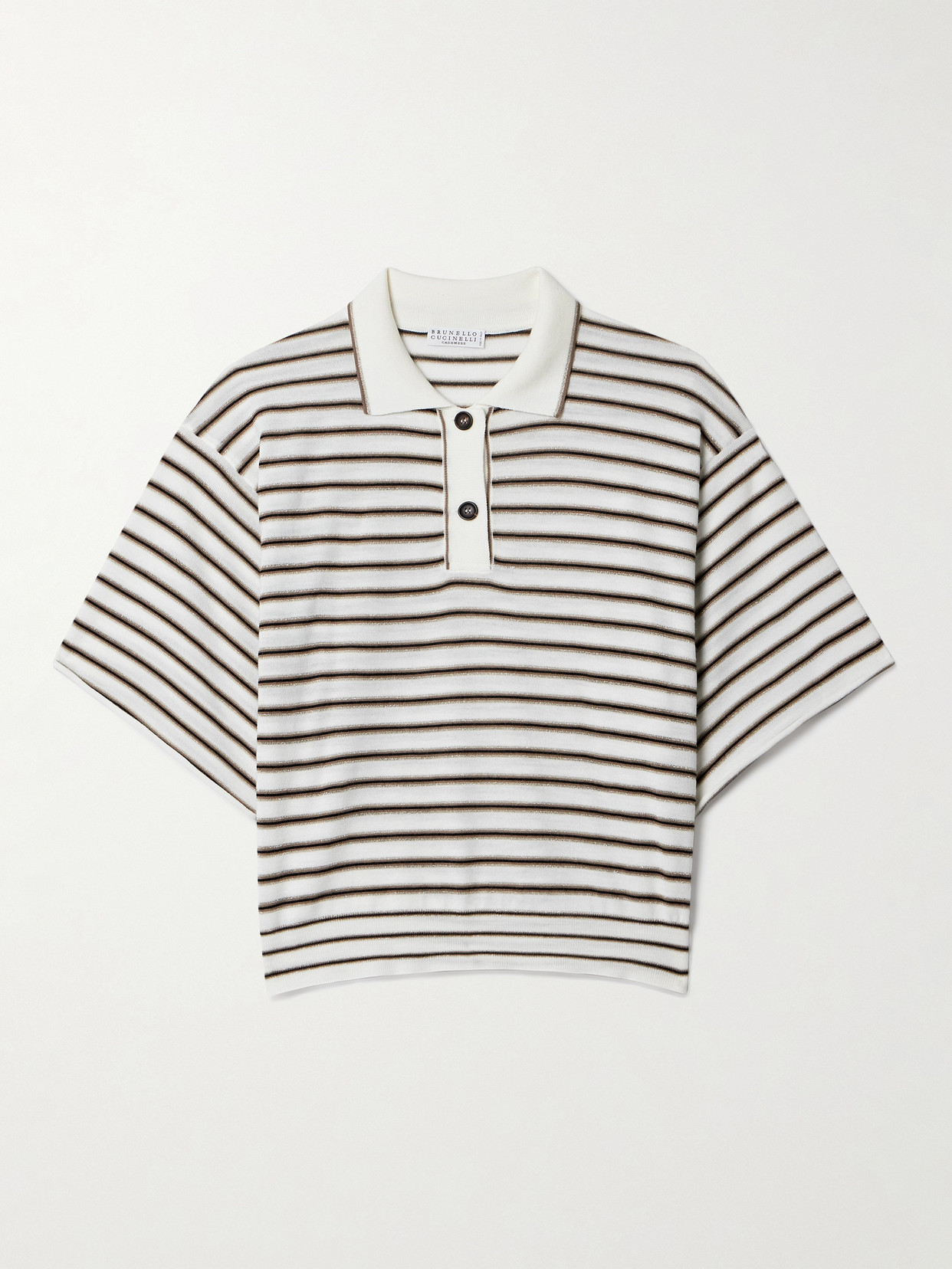 Shop Brunello Cucinelli Striped Metallic Wool And Cashmere-blend Polo Shirt In Multi