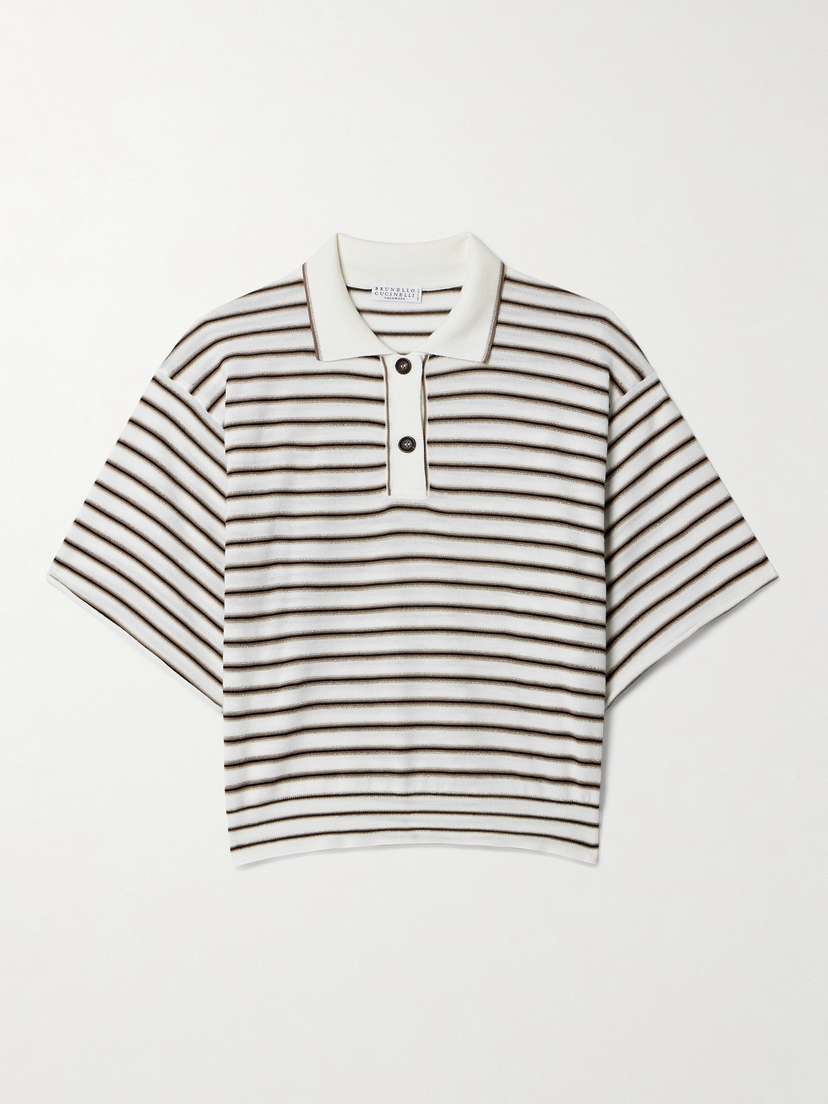 Brunello Cucinelli Striped Metallic Wool And Cashmere-blend Polo Shirt
