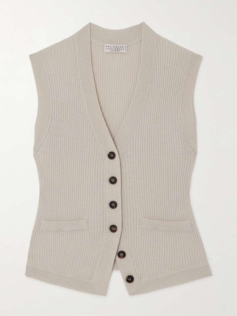 Brunello Cucinelli Ribbed Metallic Cashmere-blend Vest