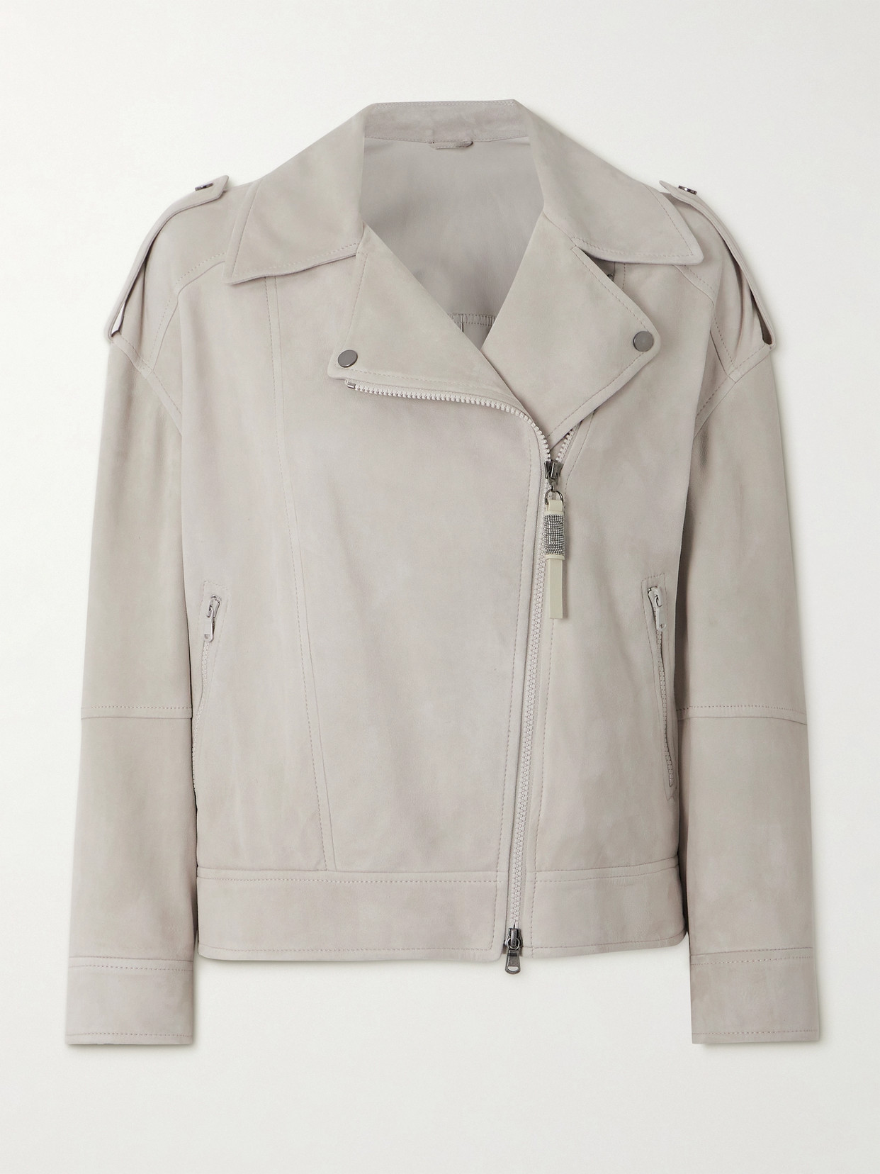 Shop Brunello Cucinelli Bead-embellished Suede Biker Jacket In Neutrals