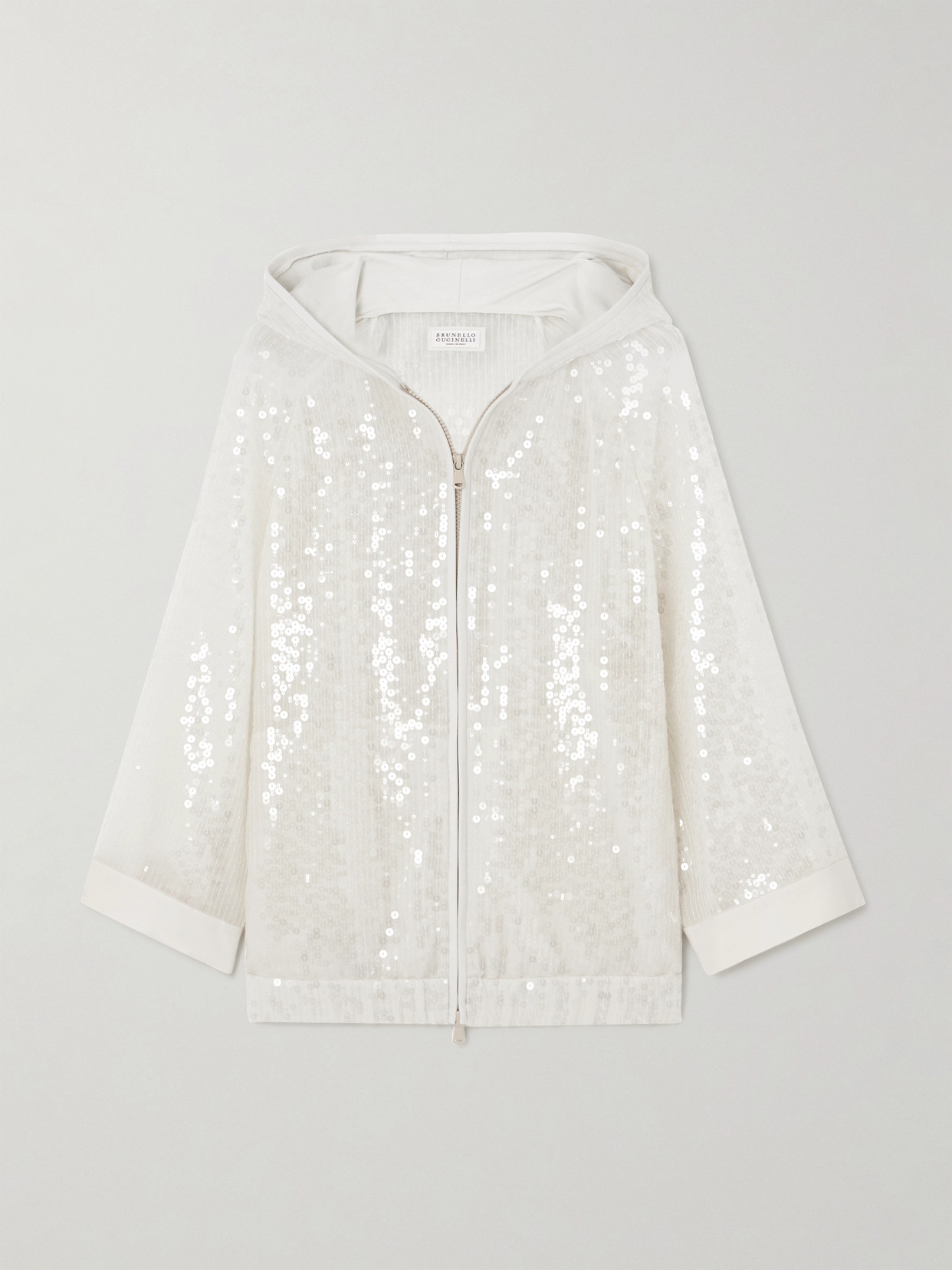 Brunello Cucinelli Hooded Sequined Silk-crepon Jacket In White