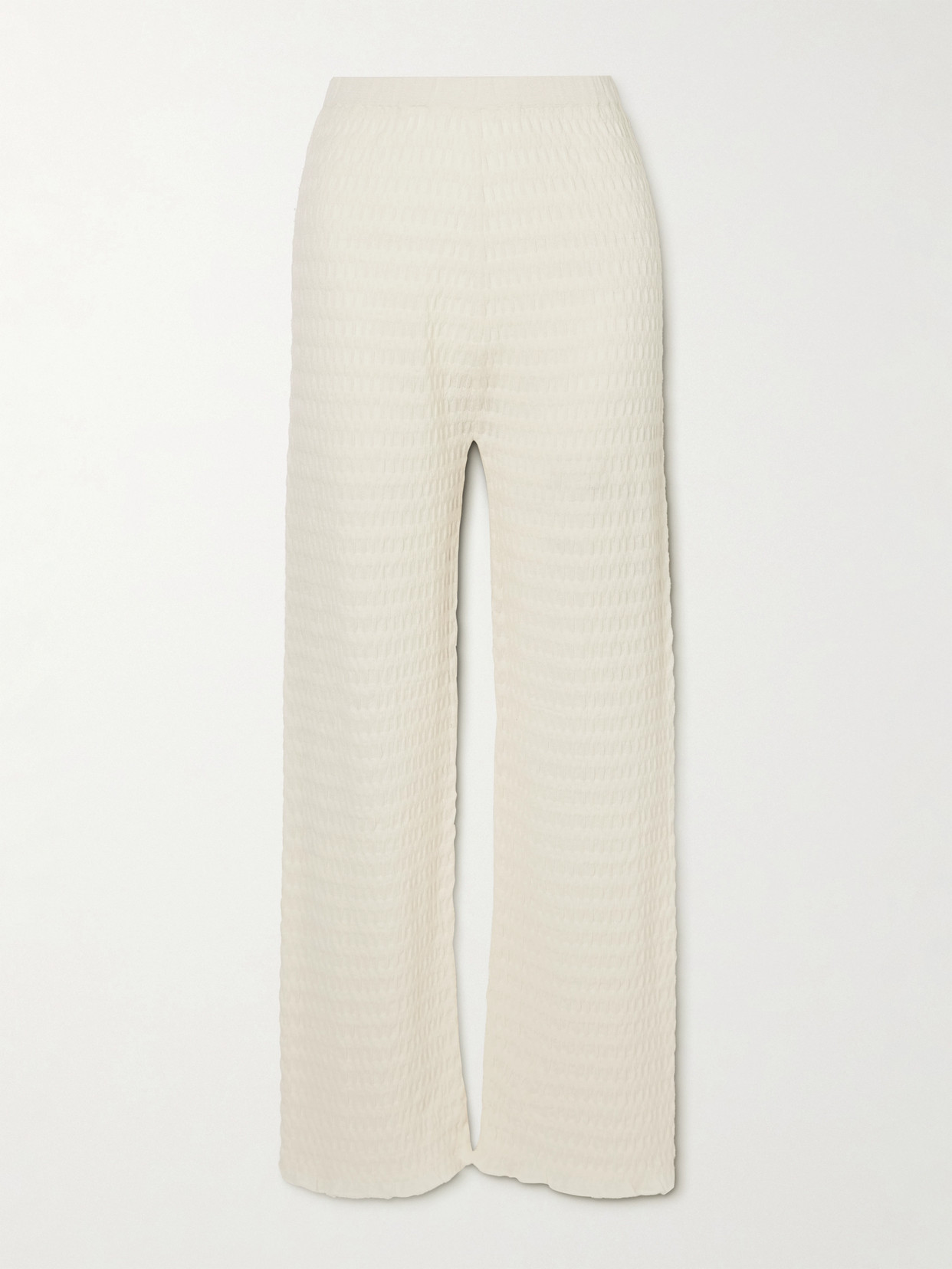 Lauren Manoogian Smocked Textured Pima Cotton-blend Flared Trousers In Ecru