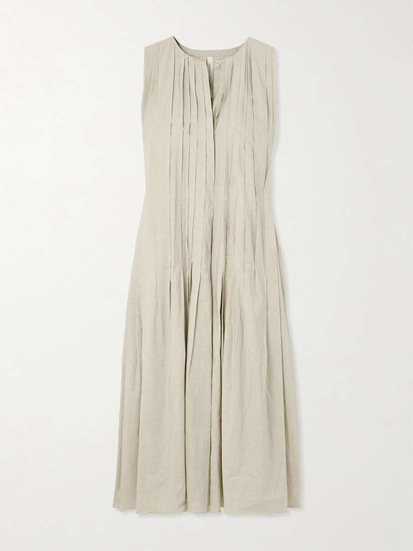 Lauren Manoogian Pintucked Crinkled Cotton And Linen-blend Maxi Dress