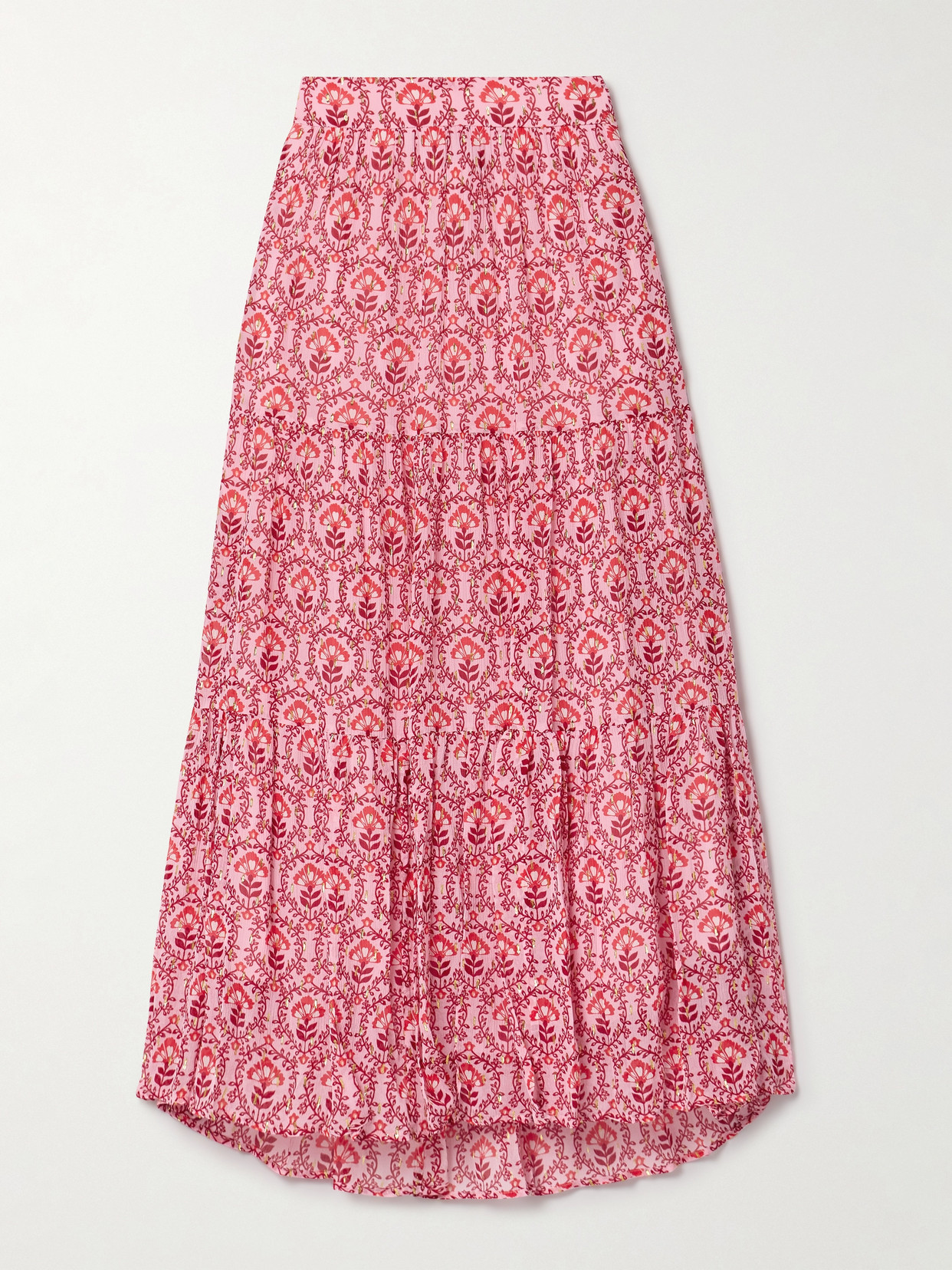 Cefinn Sedra Tiered Metallic Floral-print Fil Coupé Crepon Maxi Skirt In Pink