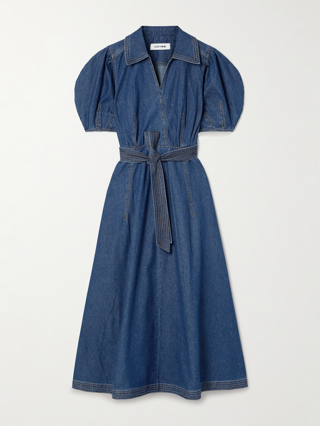 Cefinn Wren Wrap-effect Belted Denim Midi Dress In Blue