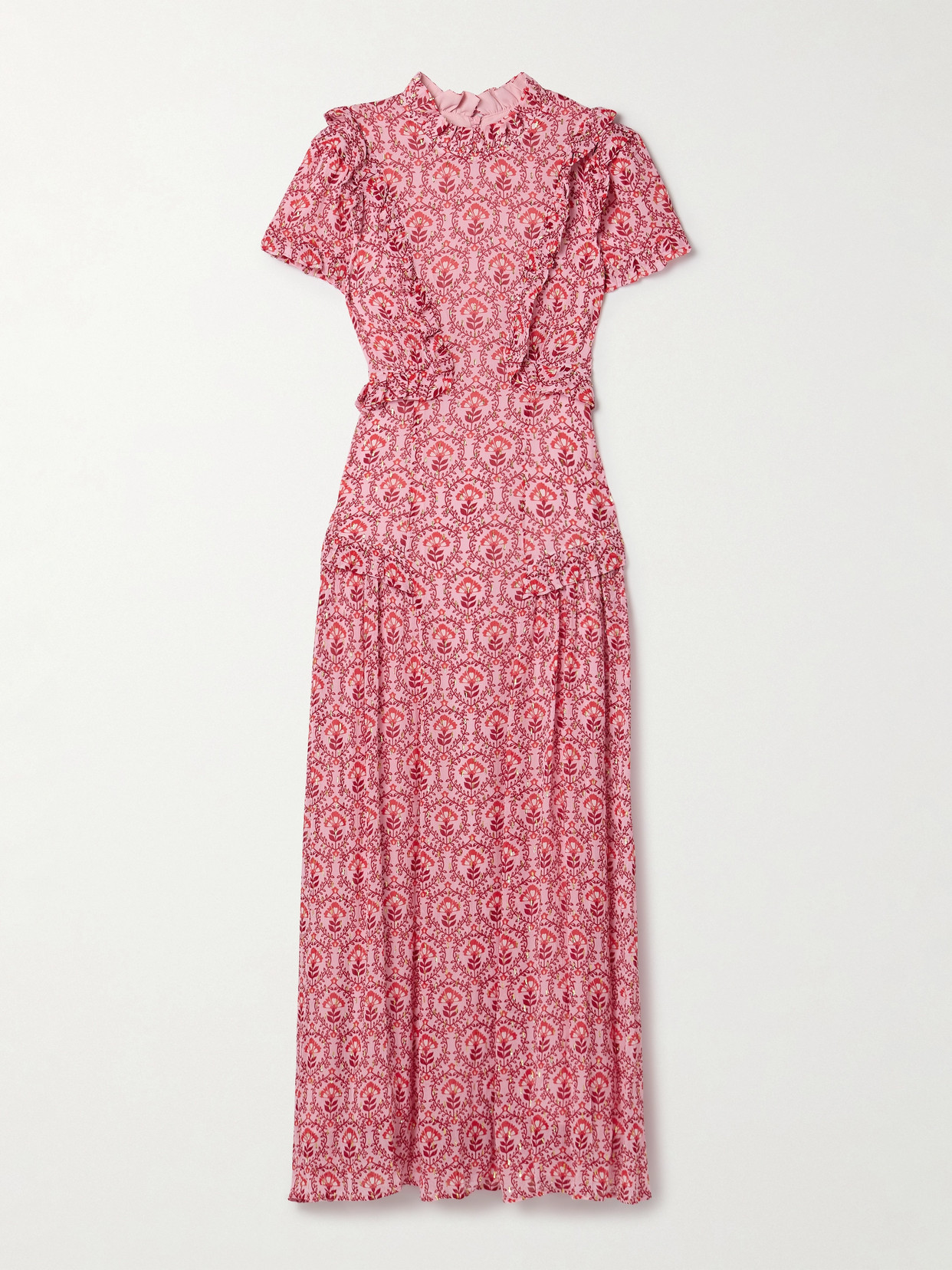 Cefinn Mirabel Ruffled Floral-print Metallic Fil Coupé Crepon Maxi Dress In Pink