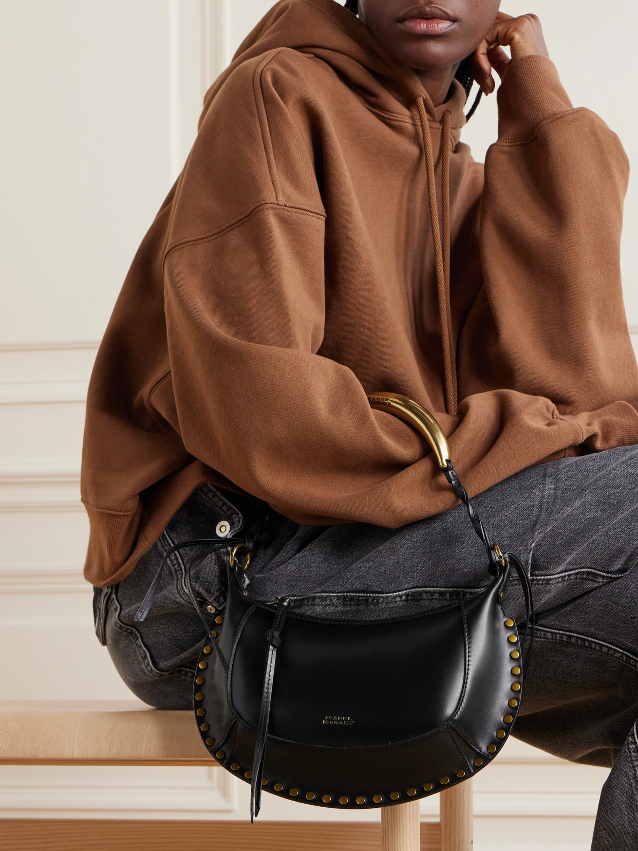 ISABEL MARANT OSKAN MOON STUDDED LEATHER SHOULDER BAG