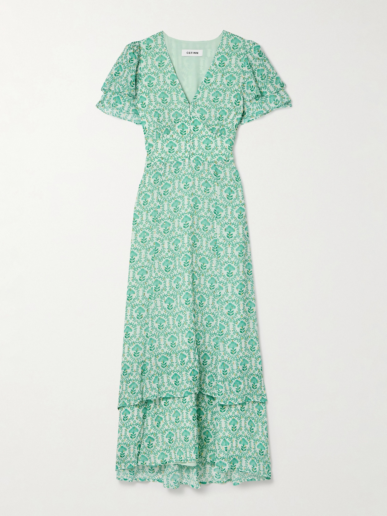 Cefinn Lotta Ruffled Metallic Floral-print Fil Coupé Crepon Maxi Dress In Green