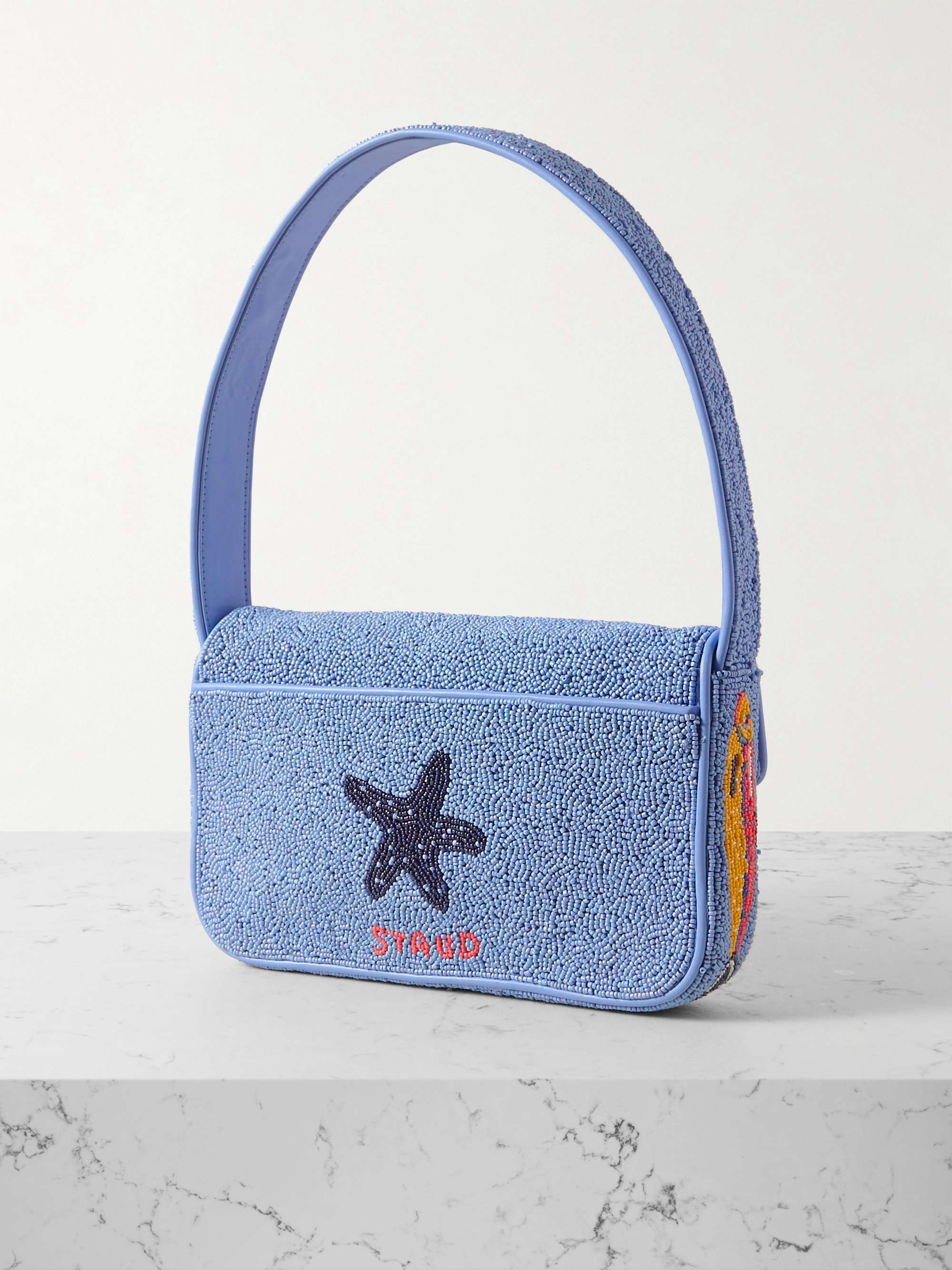 STAUD Tommy leather-trimmed beaded shoulder bag