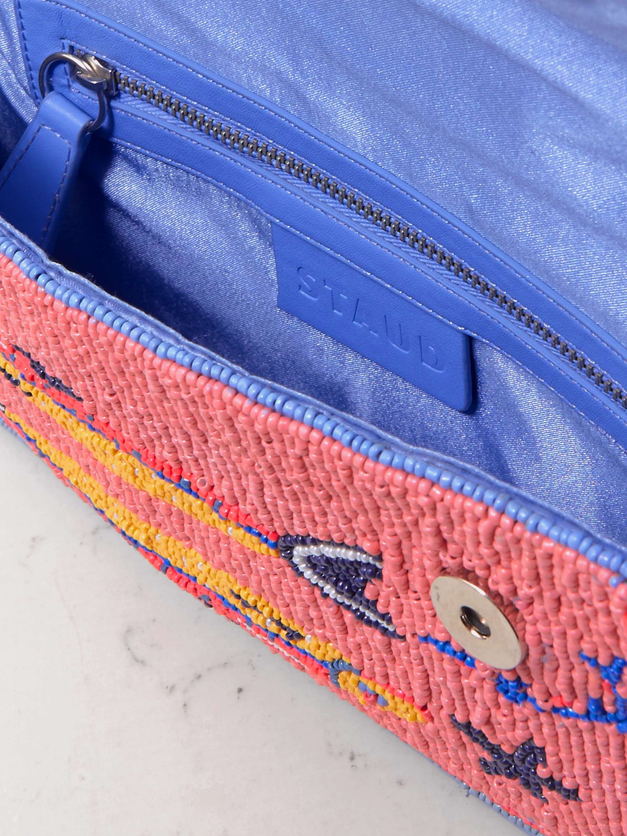 STAUD Tommy leather-trimmed beaded shoulder bag