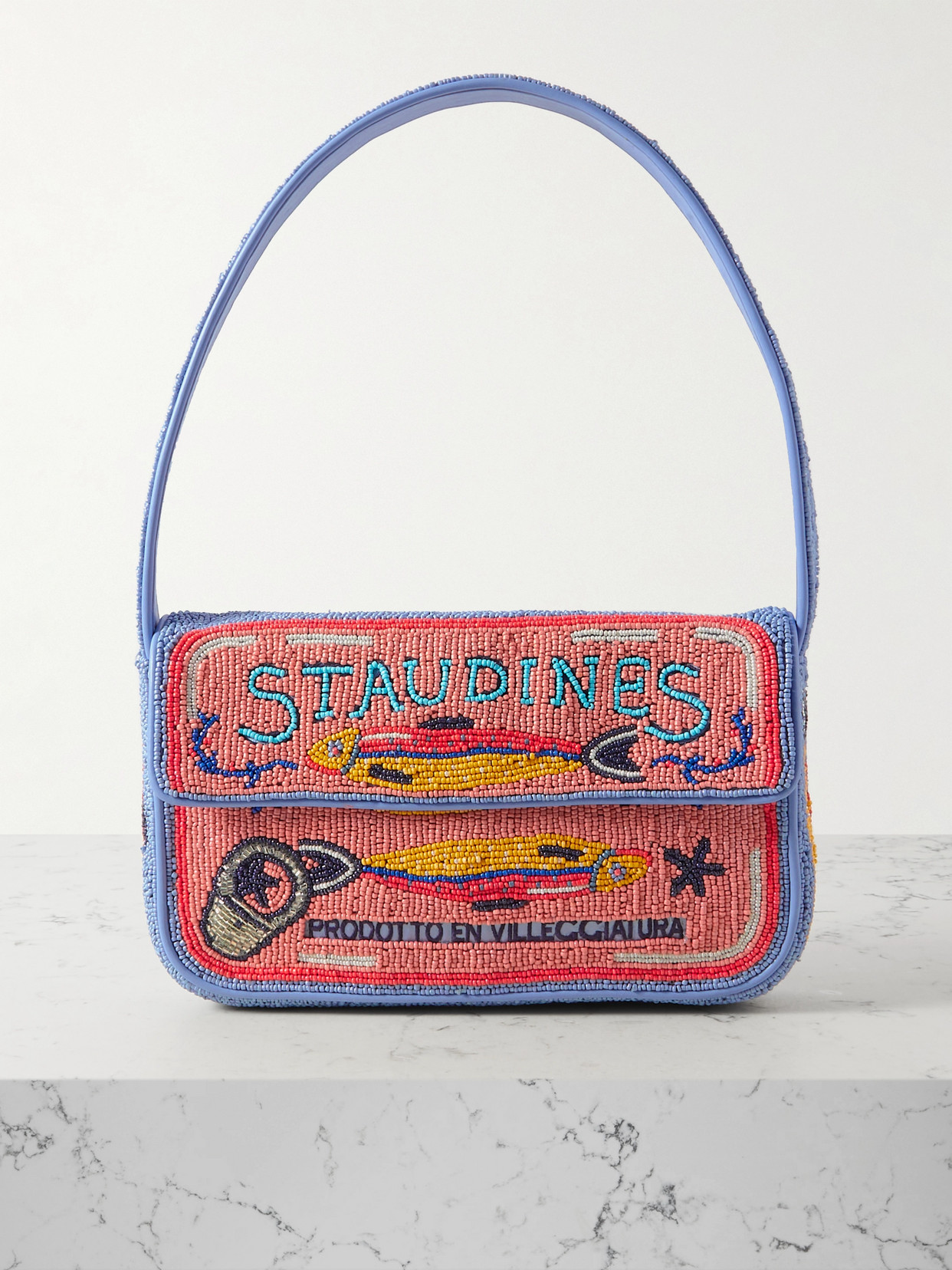 STAUD TOMMY VEGAN LEATHER-TRIMMED BEADED SATIN SHOULDER BAG